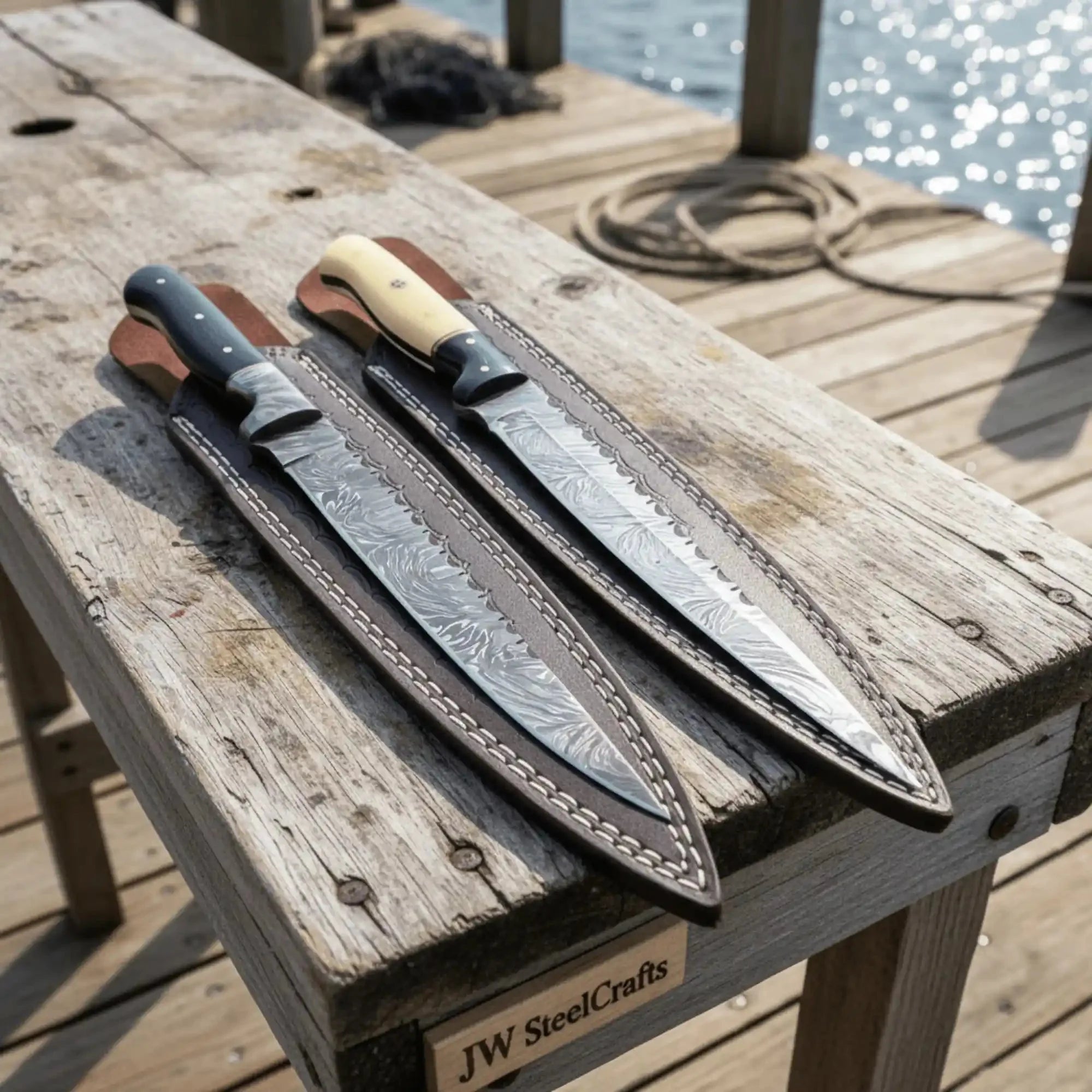 12-Inch Hand-Forged Damascus Steel Fish Fillet Knife Set with Hardwood Handles & Leather Sheaths