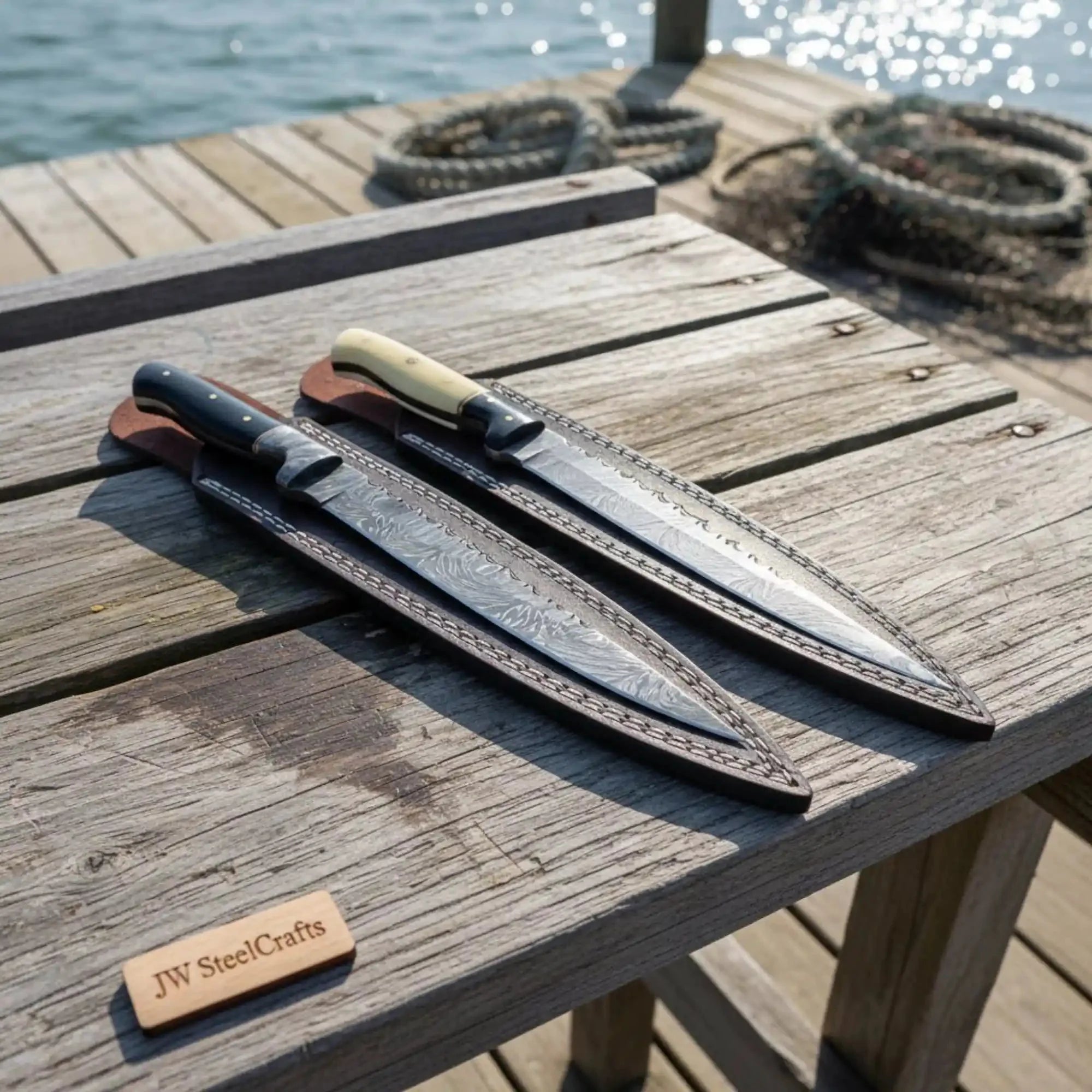 12-Inch Hand-Forged Damascus Steel Fish Fillet Knife Set with Hardwood Handles & Leather Sheaths