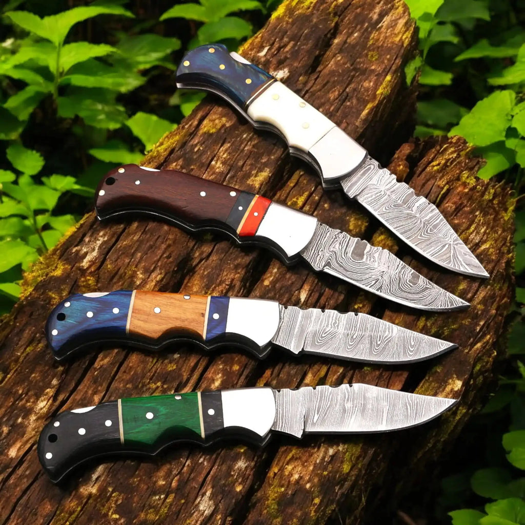 Hand Forged Damascus Steel Folding Knife – Pakka Wood Handle with Leather Sheath