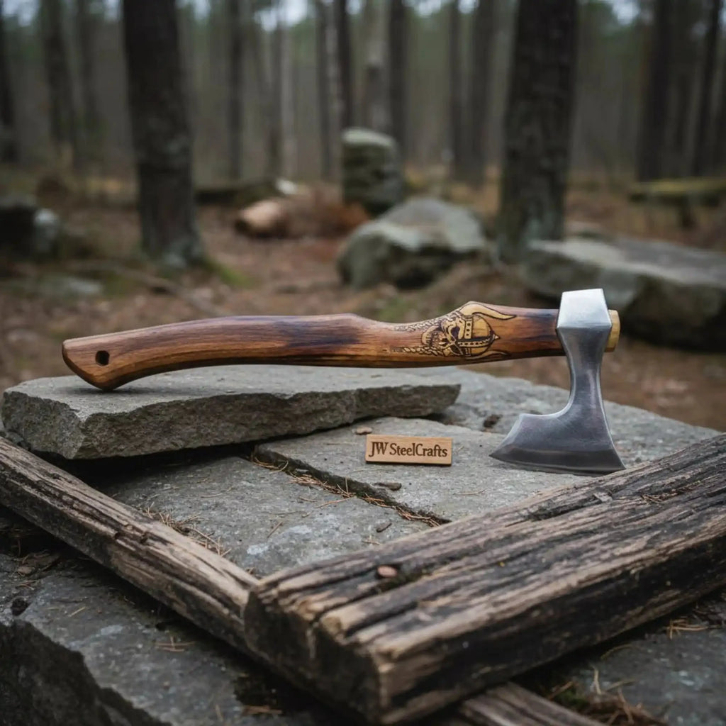Hand Forged Damascus Steel Viking Axe – 18” Bearded Bushcraft Hatchet with Hardwood Handle | JW SteelCrafts
