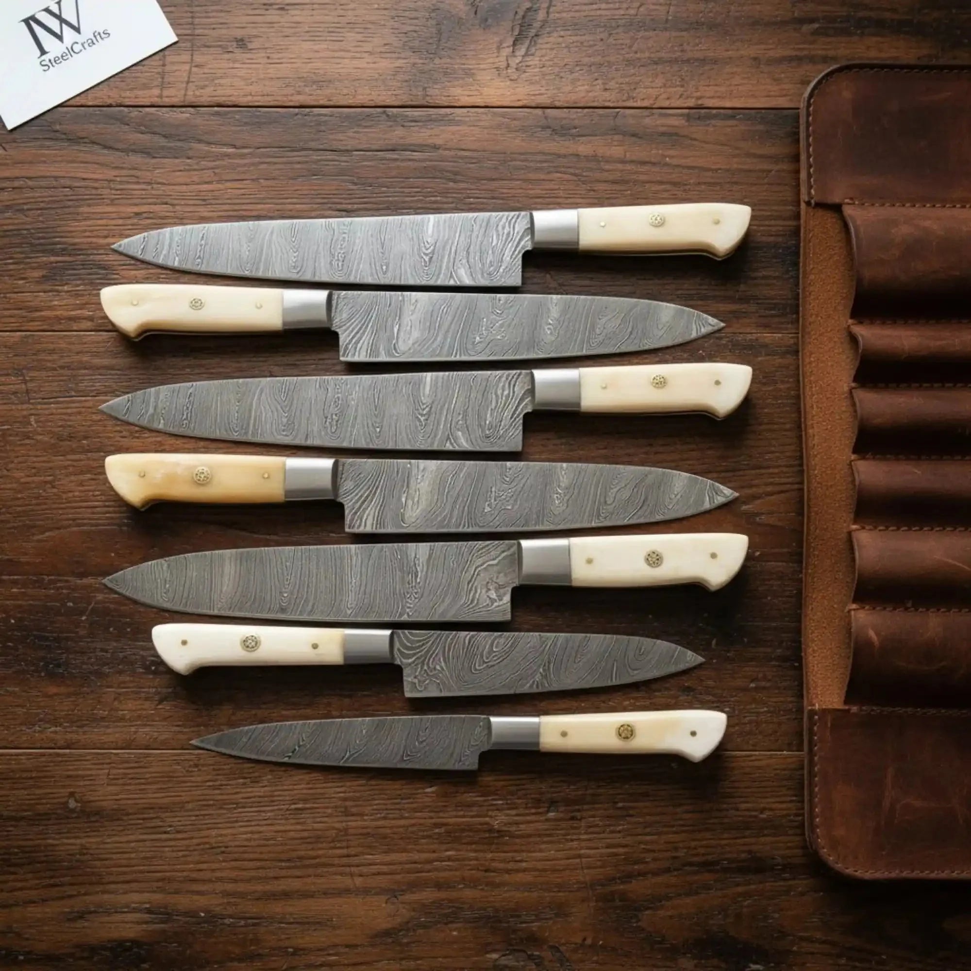 Damascus Western Chef & Carving Knife Set (7 pcs) – Full Tang, Camel Bone Handles, Leather Roll