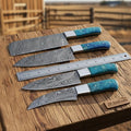 Hand-Forged Twisted Damascus Chef Knife Set — Nakiri Style, Blue Resin Handle, Steel Bolster