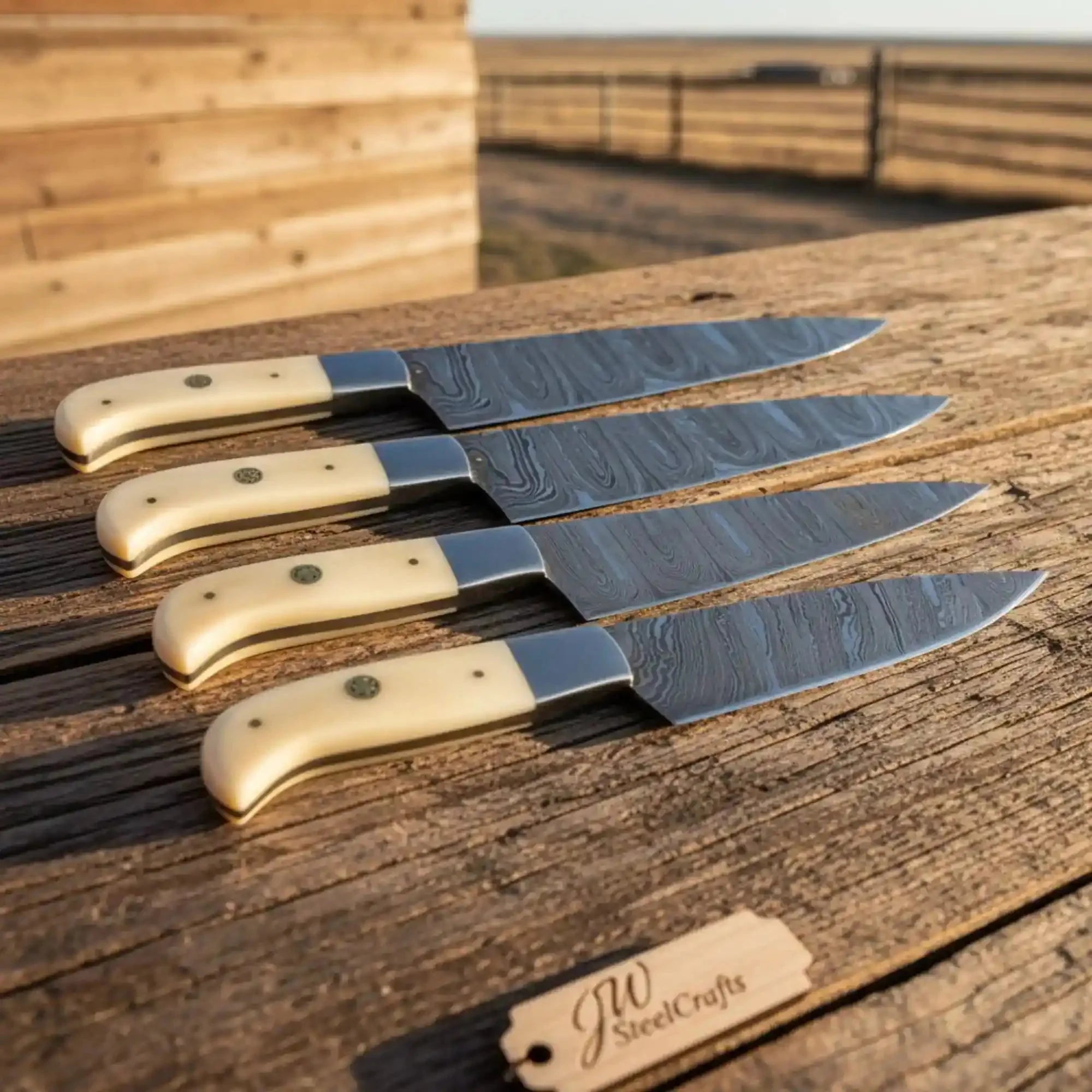 Hand-Forged Twisted Damascus Steak Knife Set (4 pcs) — Steel Bolster, Full Tang Construction