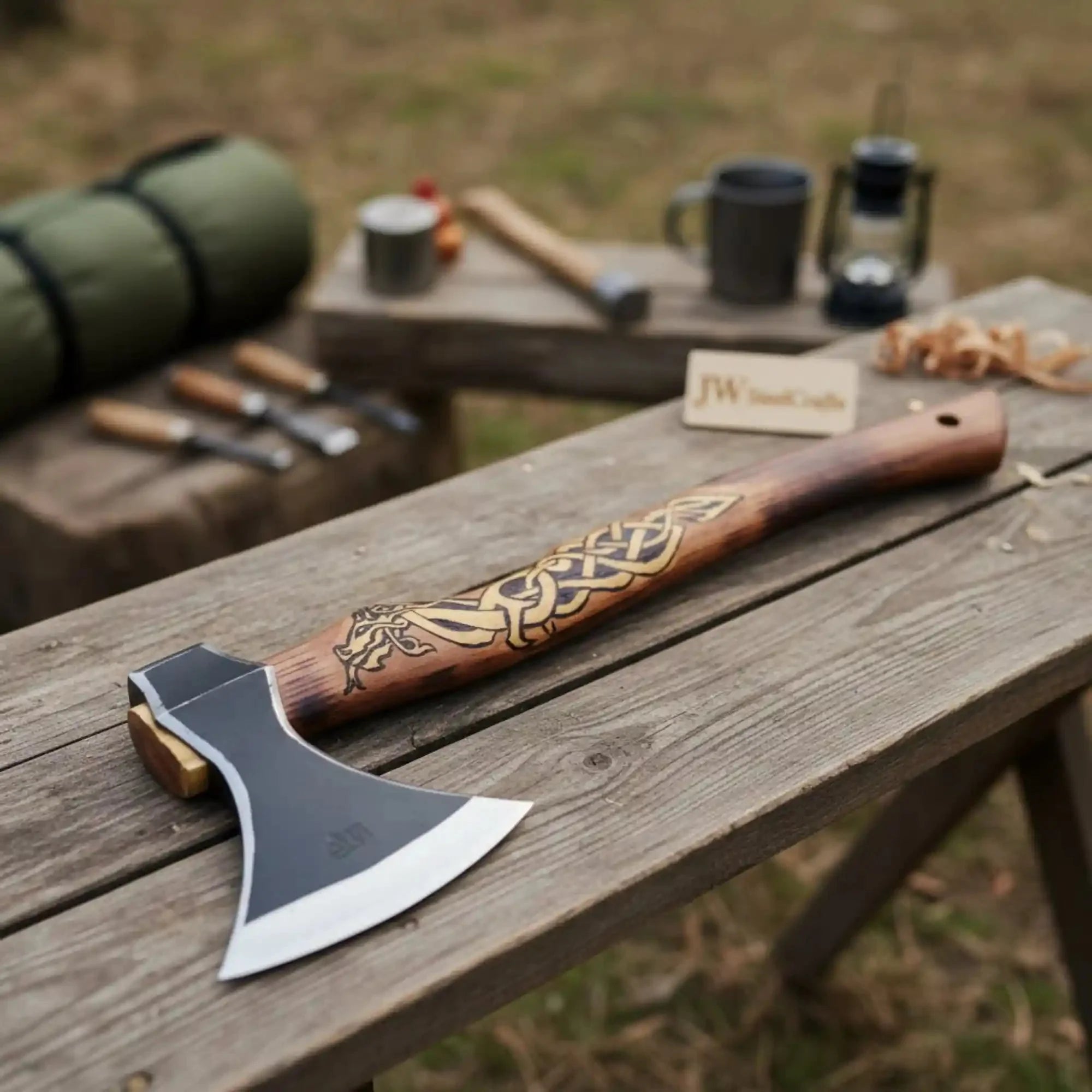 Hand-Forged Viking Bearded Camp Axe with Engraved Hardwood Handle