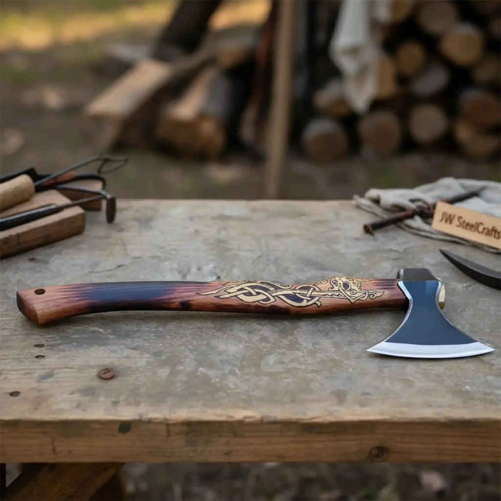 Hand-Forged Viking Bearded Camp Axe with Engraved Hardwood Handle