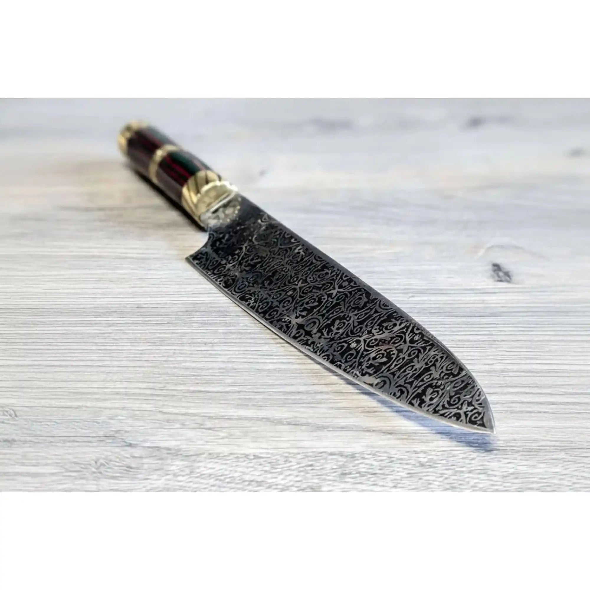 Handcrafted 8” Japanese-Style Gyuto Chef Knife — Acid-Etched Blade, Rosewood Handle with Brass
