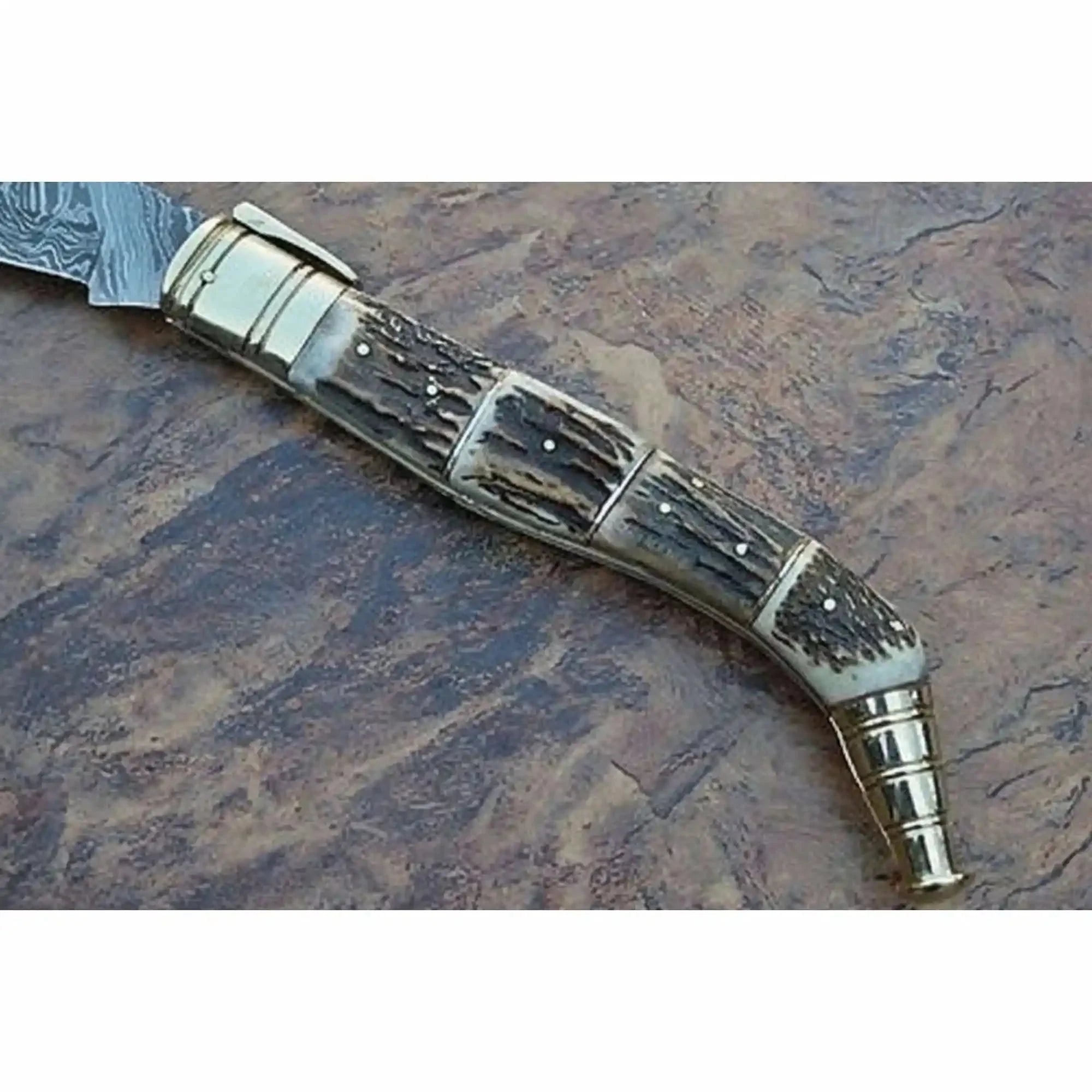Handcrafted Damascus Steel Big Folding Knife with Genuine Antler Stag Horn Handle