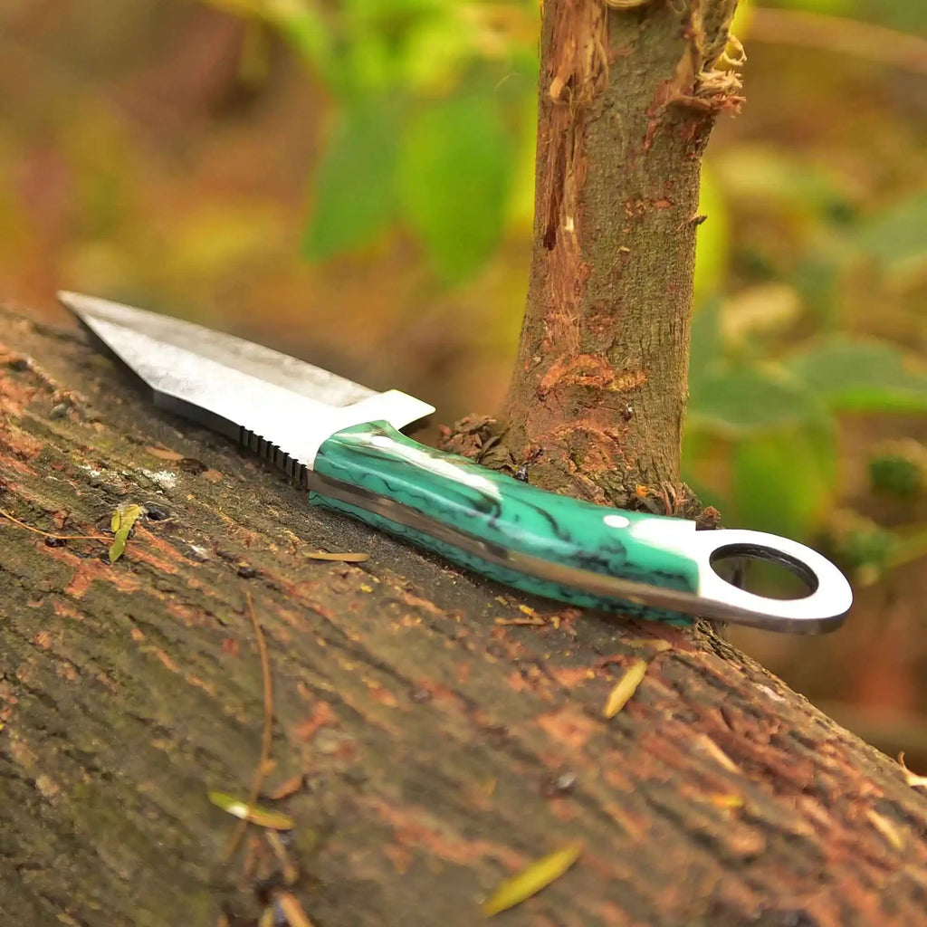 Handcrafted Damascus Steel Ring Handle Outdoor Utility Knife – Resin Grip – JW SteelCrafts