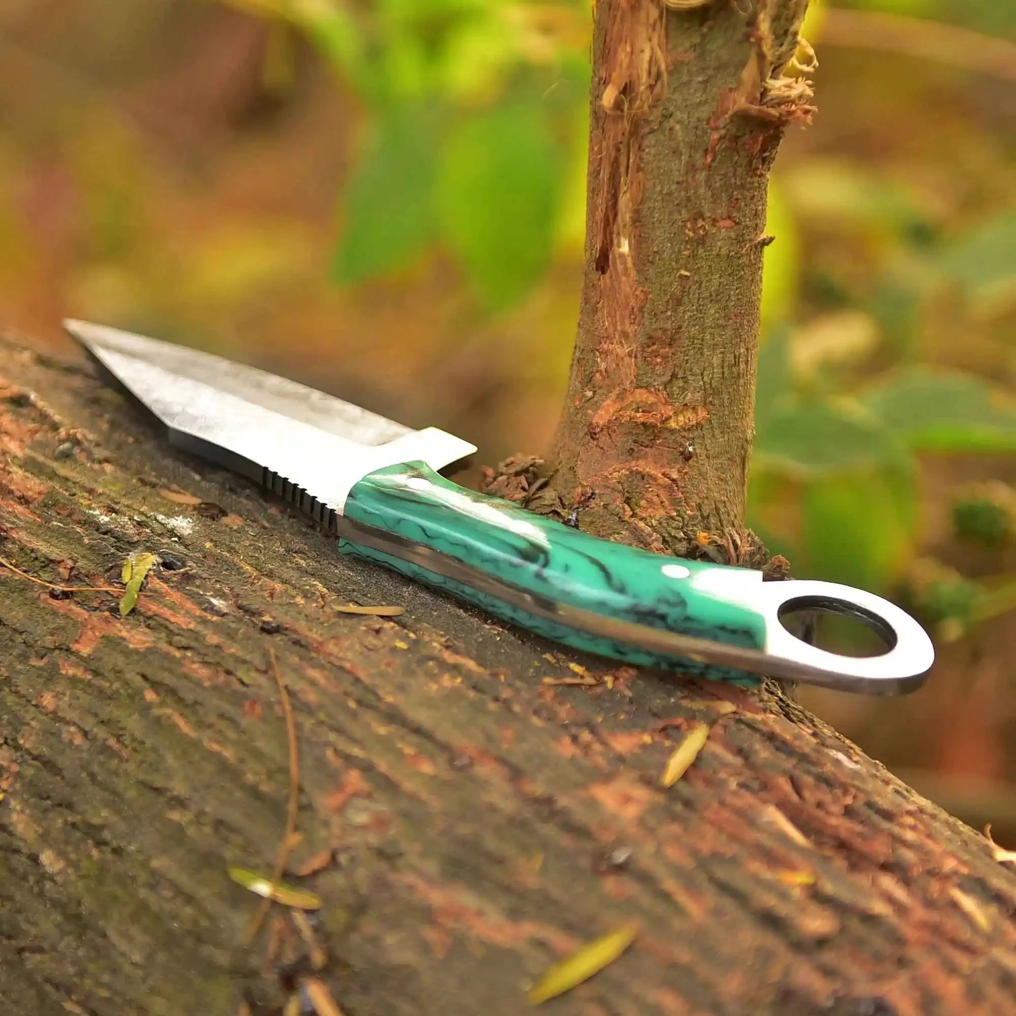 Handcrafted Damascus Steel Ring Handle Outdoor Utility Knife – Resin Grip – JW SteelCrafts