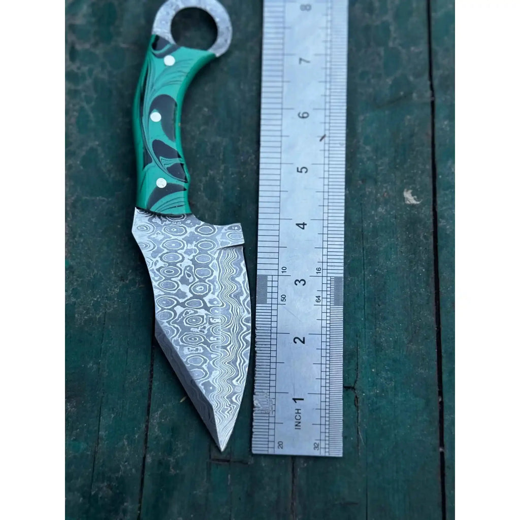 Handcrafted Damascus Steel Ring Handle Outdoor Utility Knife – Resin Grip – JW SteelCrafts