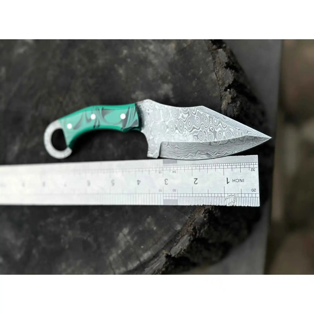 Handcrafted Damascus Steel Ring Handle Outdoor Utility Knife – Resin Grip – JW SteelCrafts