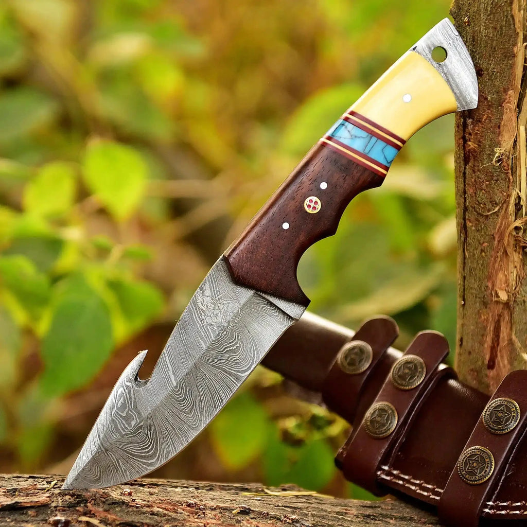 Handcrafted Damascus Steel Ring Handle Outdoor Utility Knife – Resin Grip – JW SteelCrafts