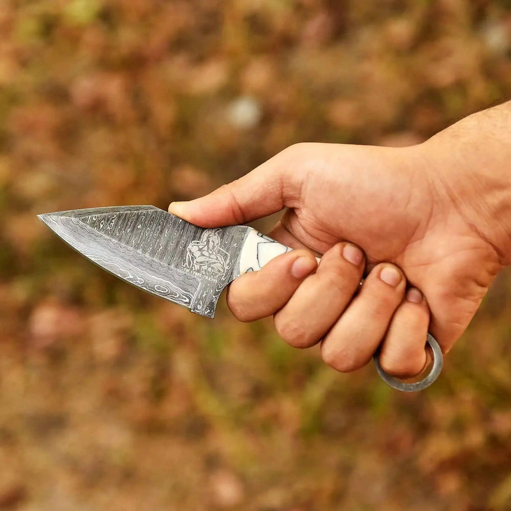 Handcrafted Damascus Steel Ring Handle Outdoor Utility Knife – Resin Grip – JW SteelCrafts