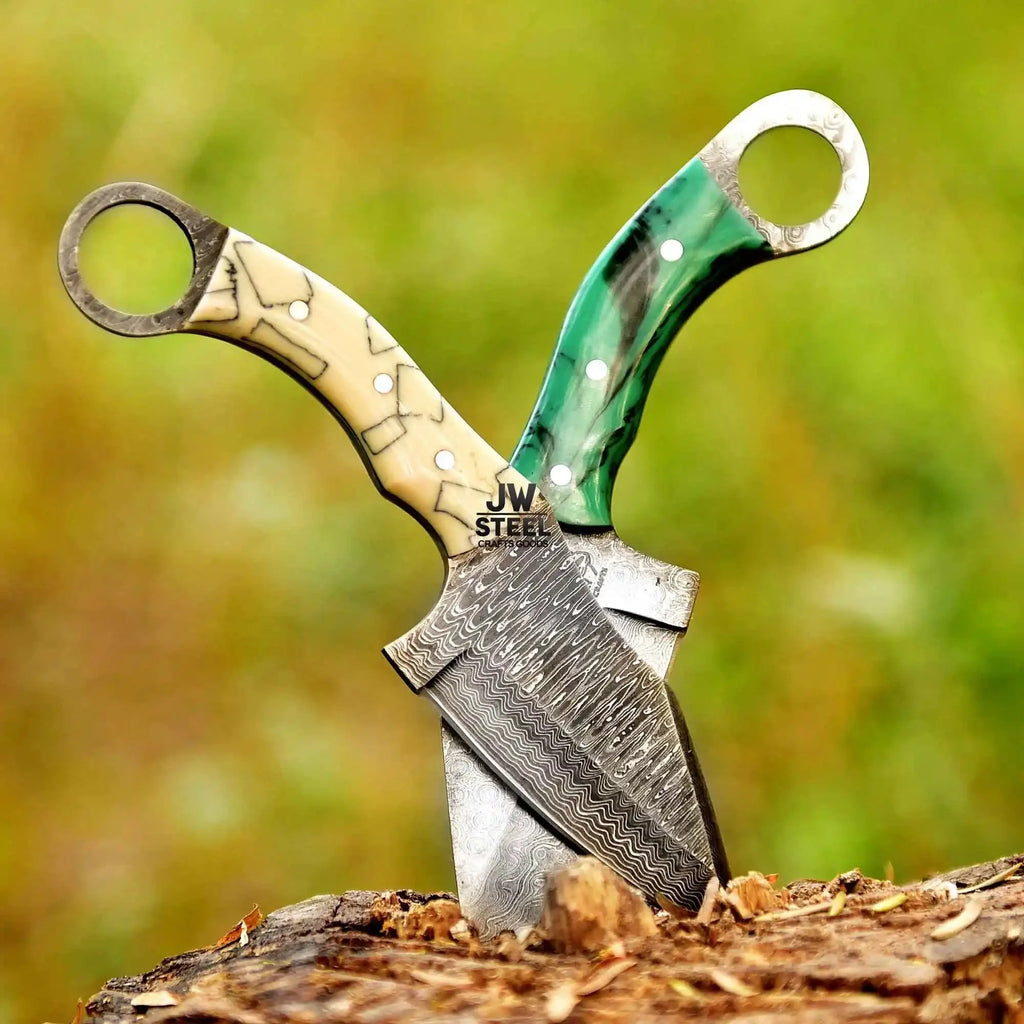 Handcrafted Damascus Steel Ring Handle Outdoor Utility Knife – Resin Grip – JW SteelCrafts