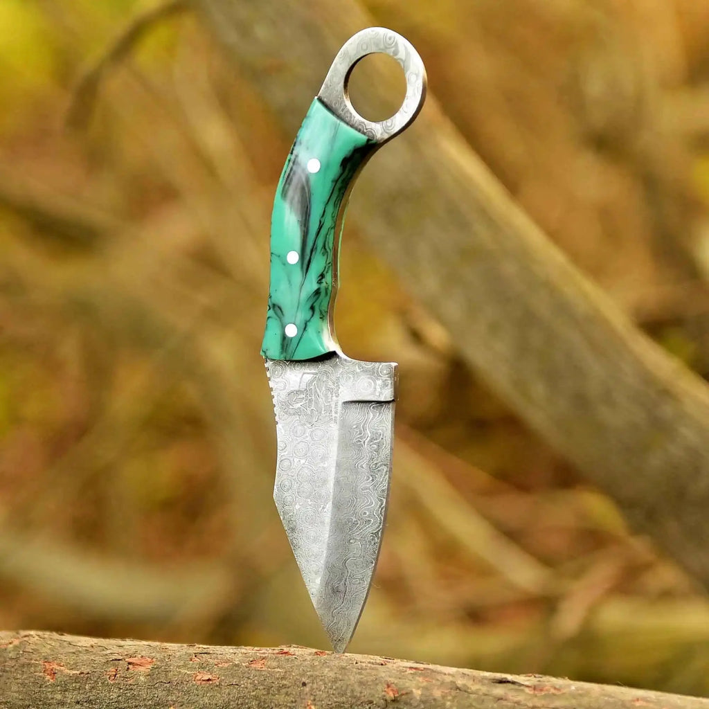 Handcrafted Damascus Steel Ring Handle Outdoor Utility Knife – Resin Grip – JW SteelCrafts