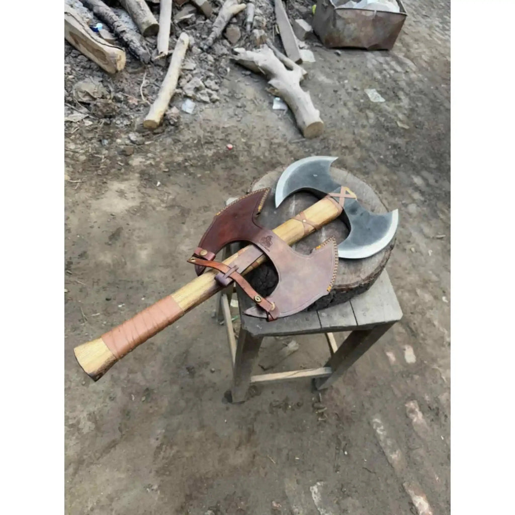 Handcrafted Double-Head Decorative Axe with Wooden Handle – JW SteelCrafts
