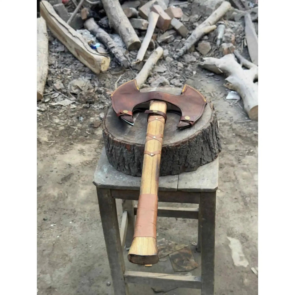 Handcrafted Double-Head Decorative Axe with Wooden Handle – JW SteelCrafts