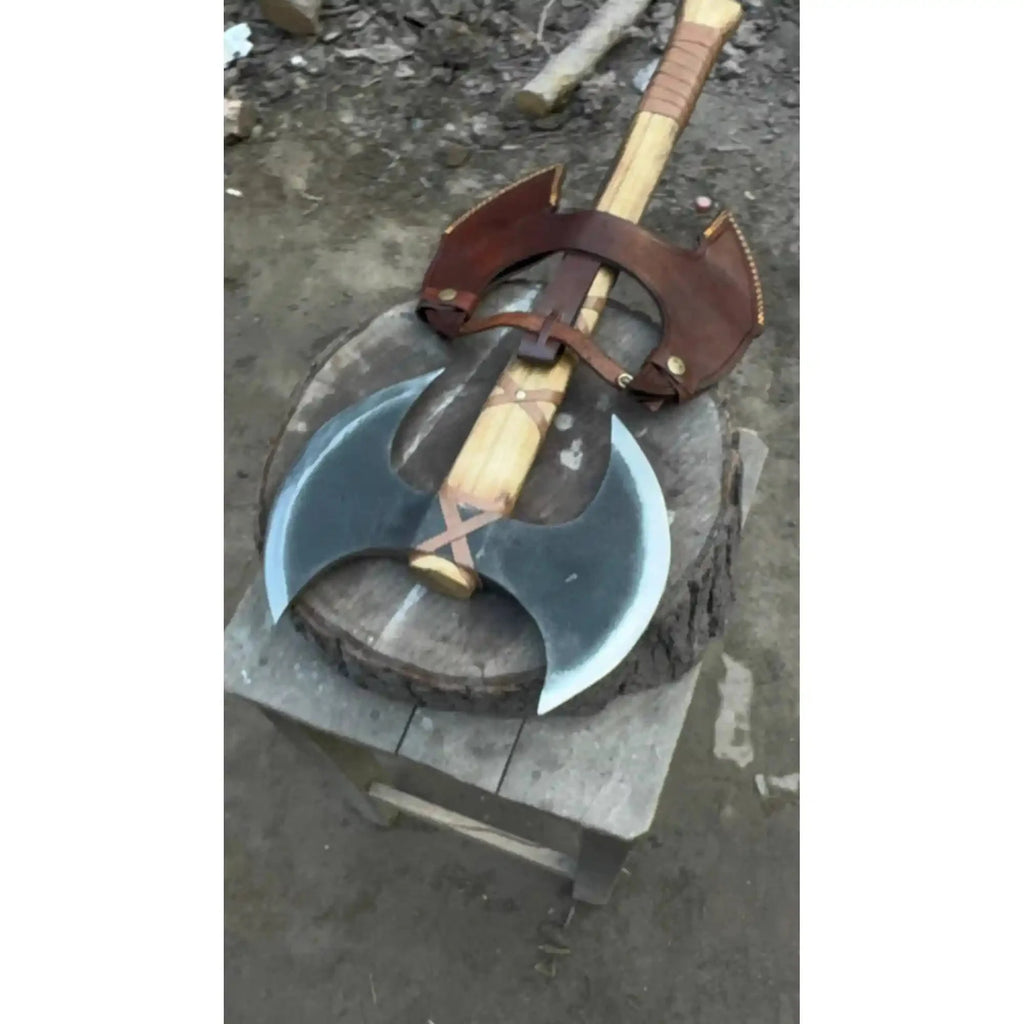 Handcrafted Double-Head Decorative Axe with Wooden Handle – JW SteelCrafts