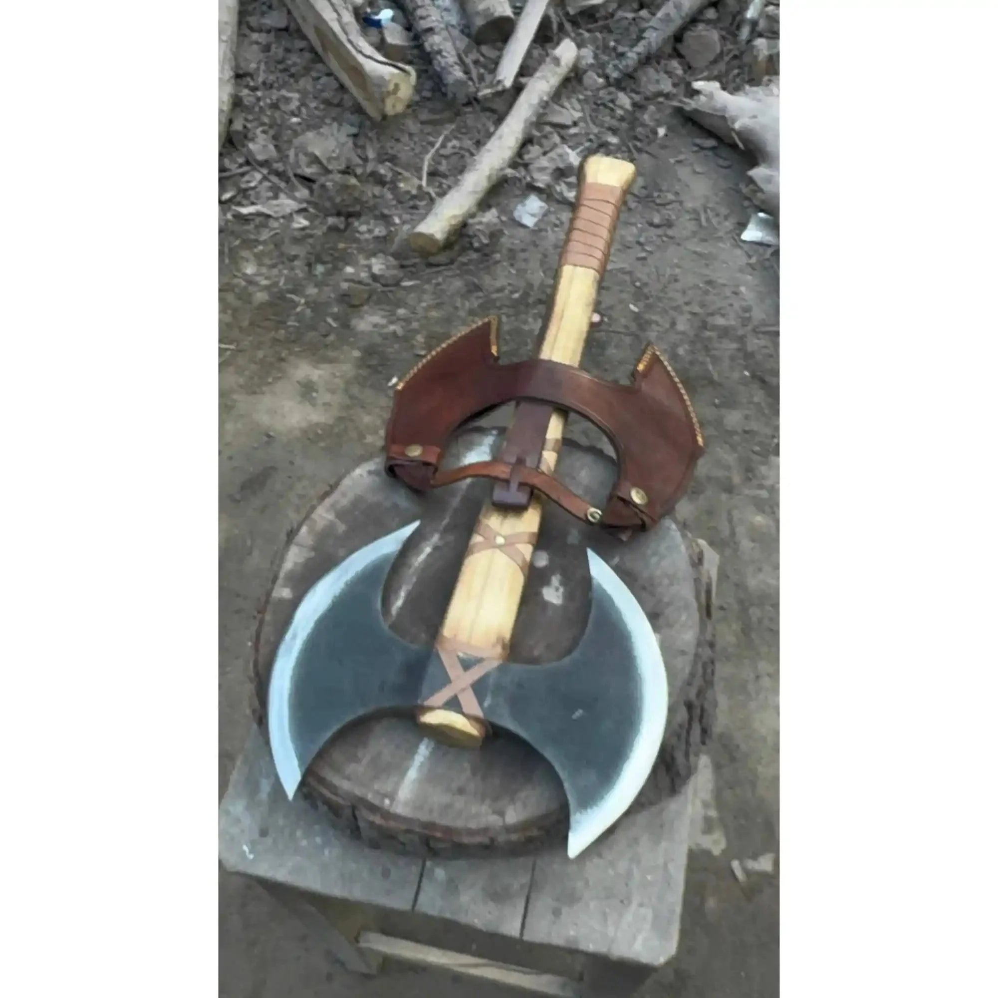 Handcrafted Double-Head Decorative Axe with Wooden Handle – JW SteelCrafts