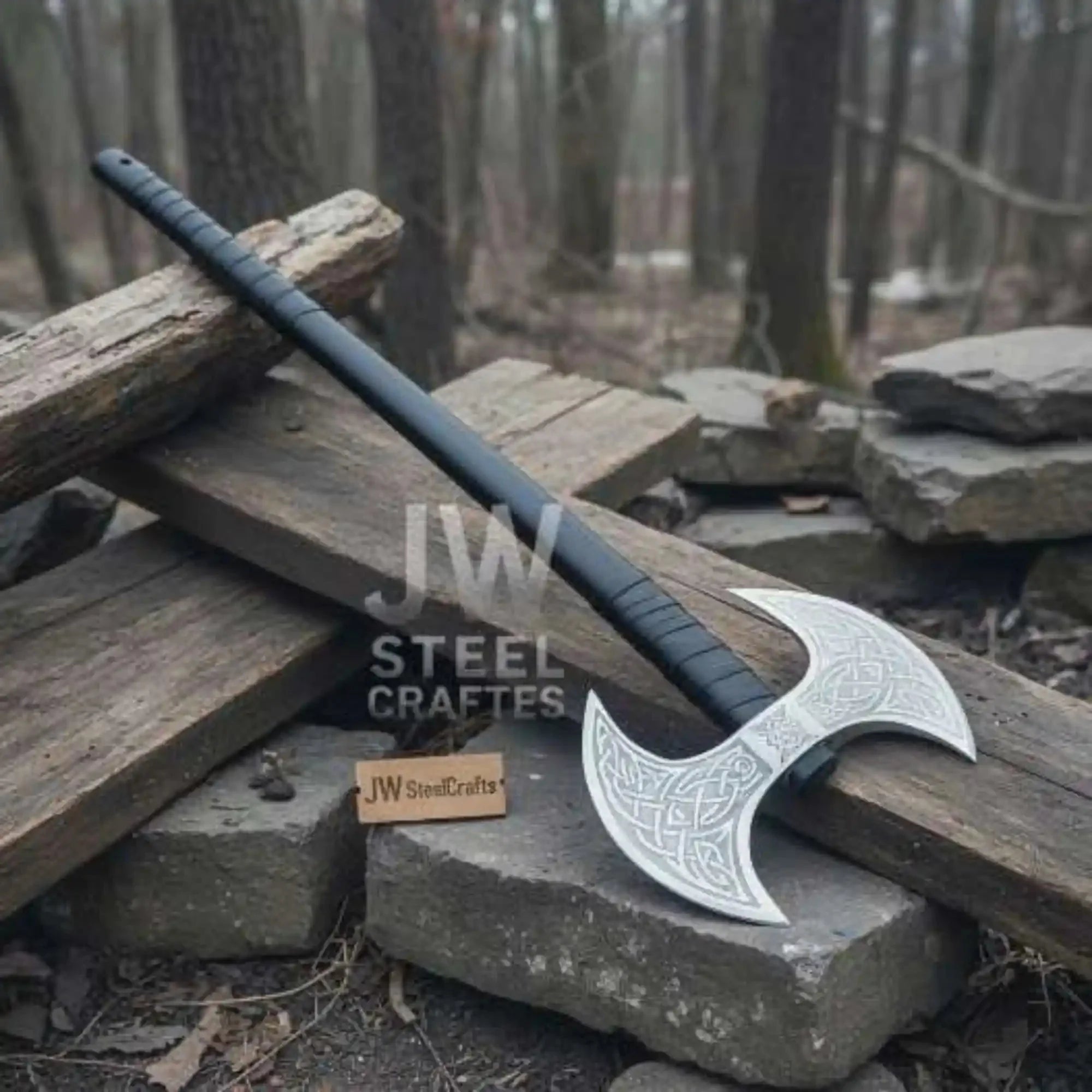 Hand Forged Double-Headed Viking Axe with Nordic Knotwork Engravings and Cord-Wrapped Handle
