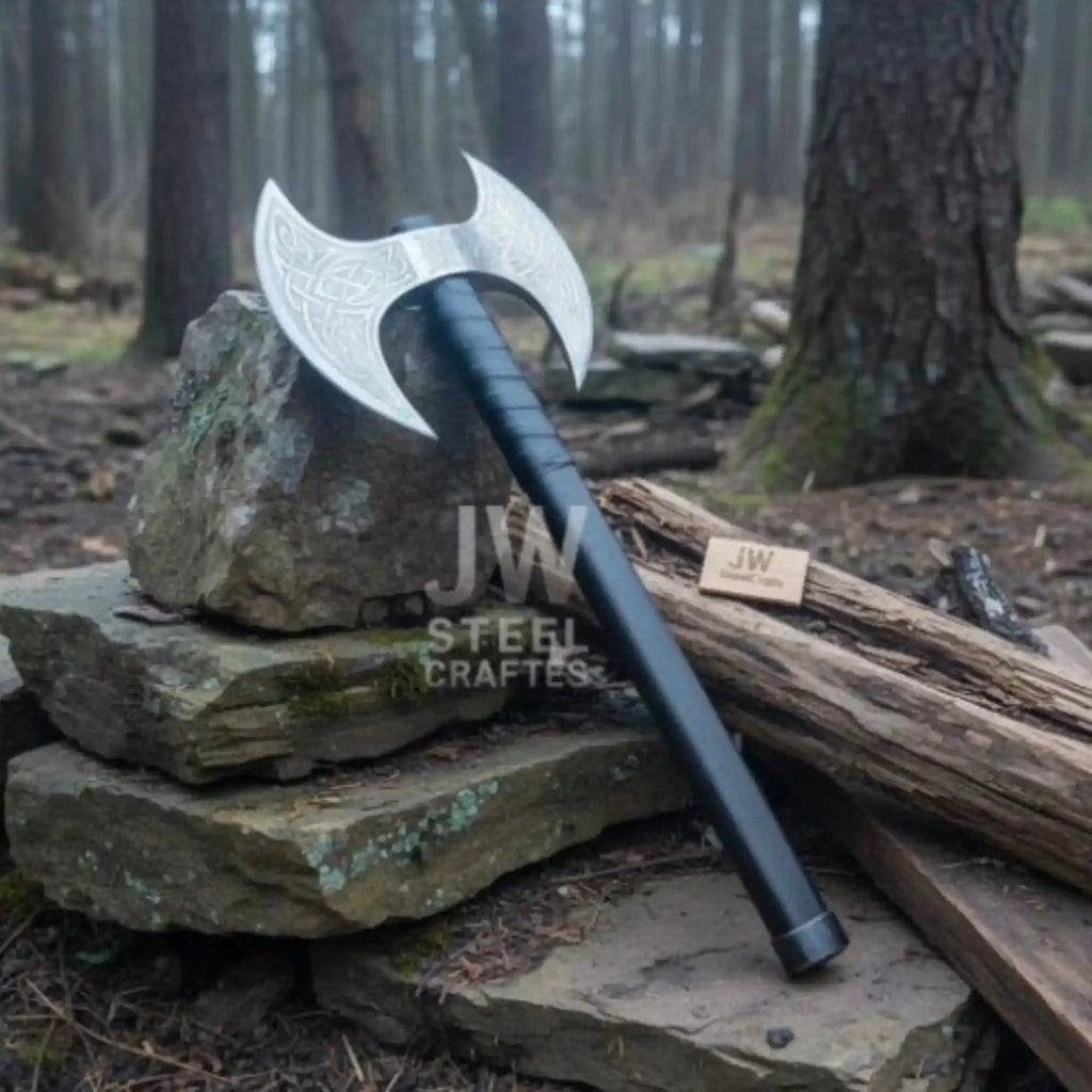 Hand Forged Double-Headed Viking Axe with Nordic Knotwork Engravings and Cord-Wrapped Handle