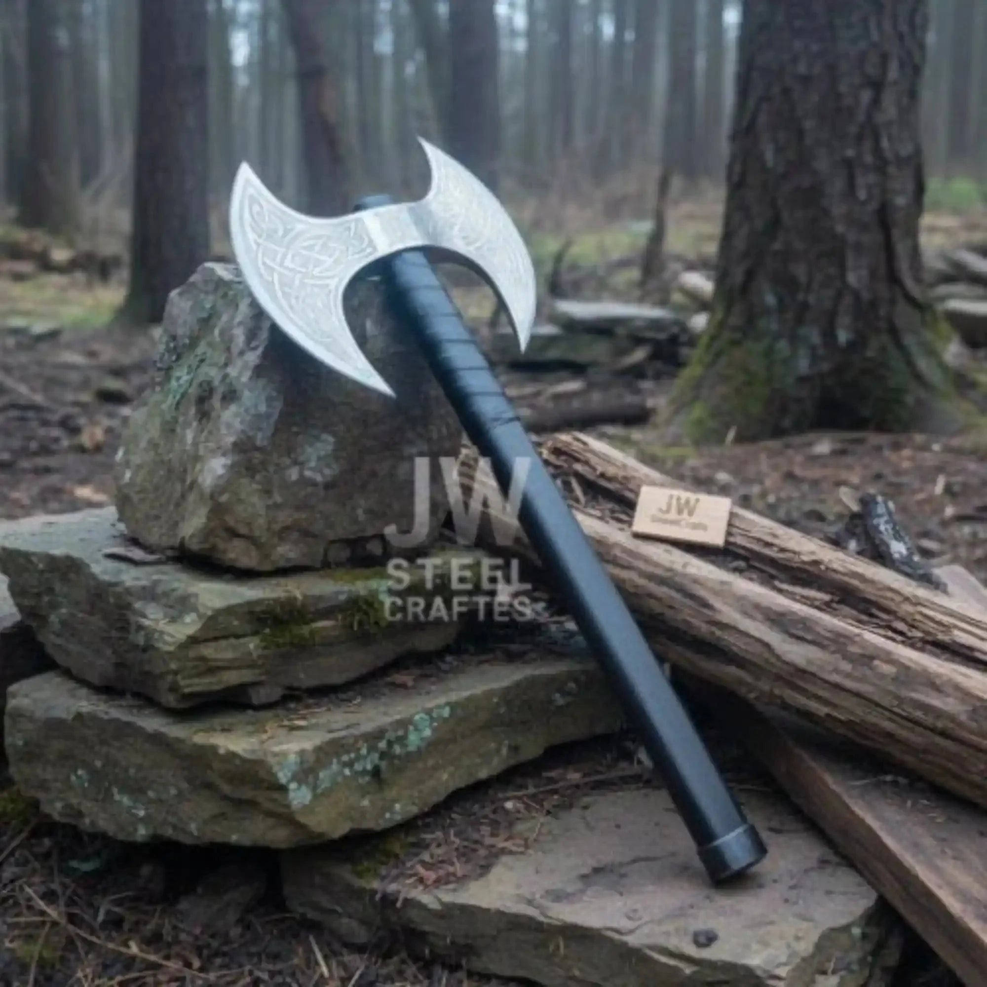Hand Forged Double-Headed Viking Axe with Nordic Knotwork Engravings and Cord-Wrapped Handle