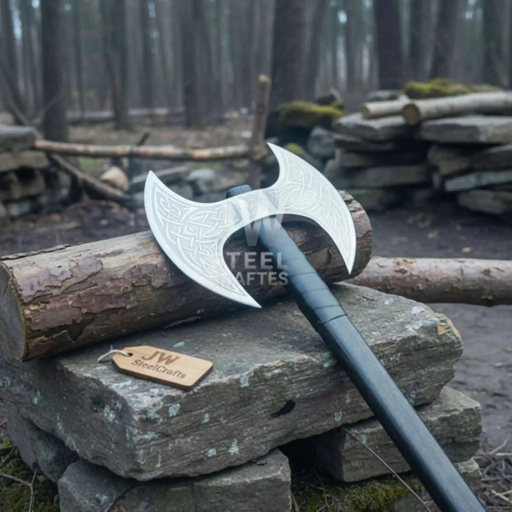 Hand Forged Double-Headed Viking Axe with Nordic Knotwork Engravings and Cord-Wrapped Handle