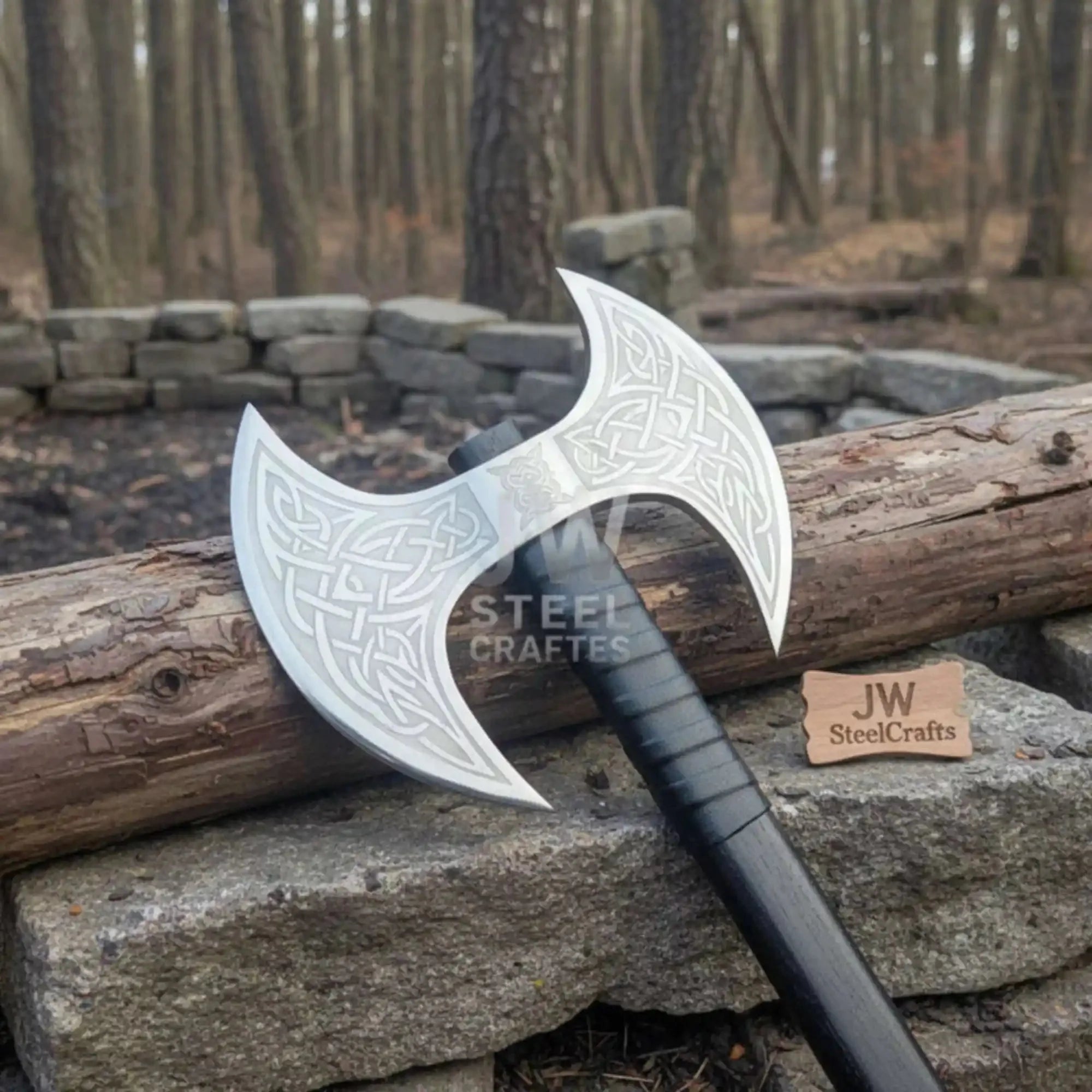 Hand Forged Double-Headed Viking Axe with Nordic Knotwork Engravings and Cord-Wrapped Handle