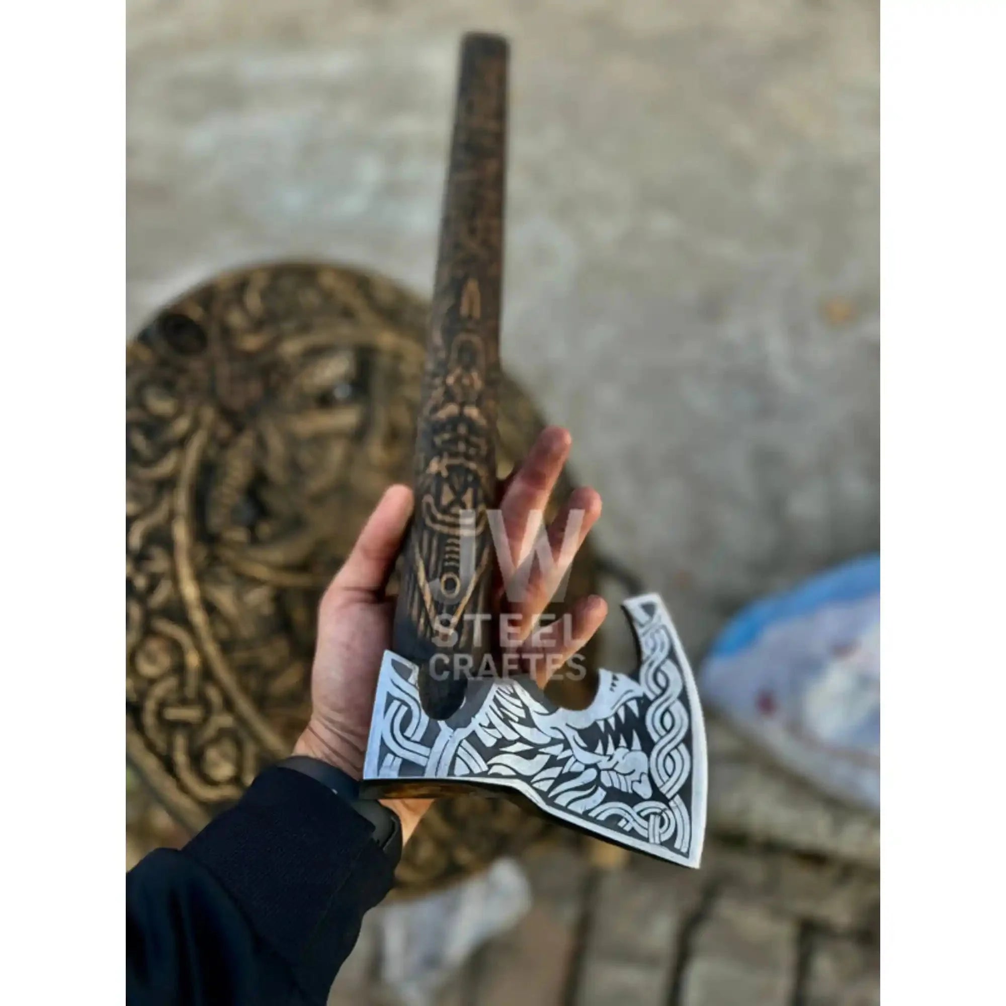 Handcrafted Viking Shield and Engraved Axe Set with Raven Motif and Norse Knotwork