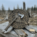 Handcrafted Viking Shield and Engraved Axe Set with Raven Motif and Norse Knotwork