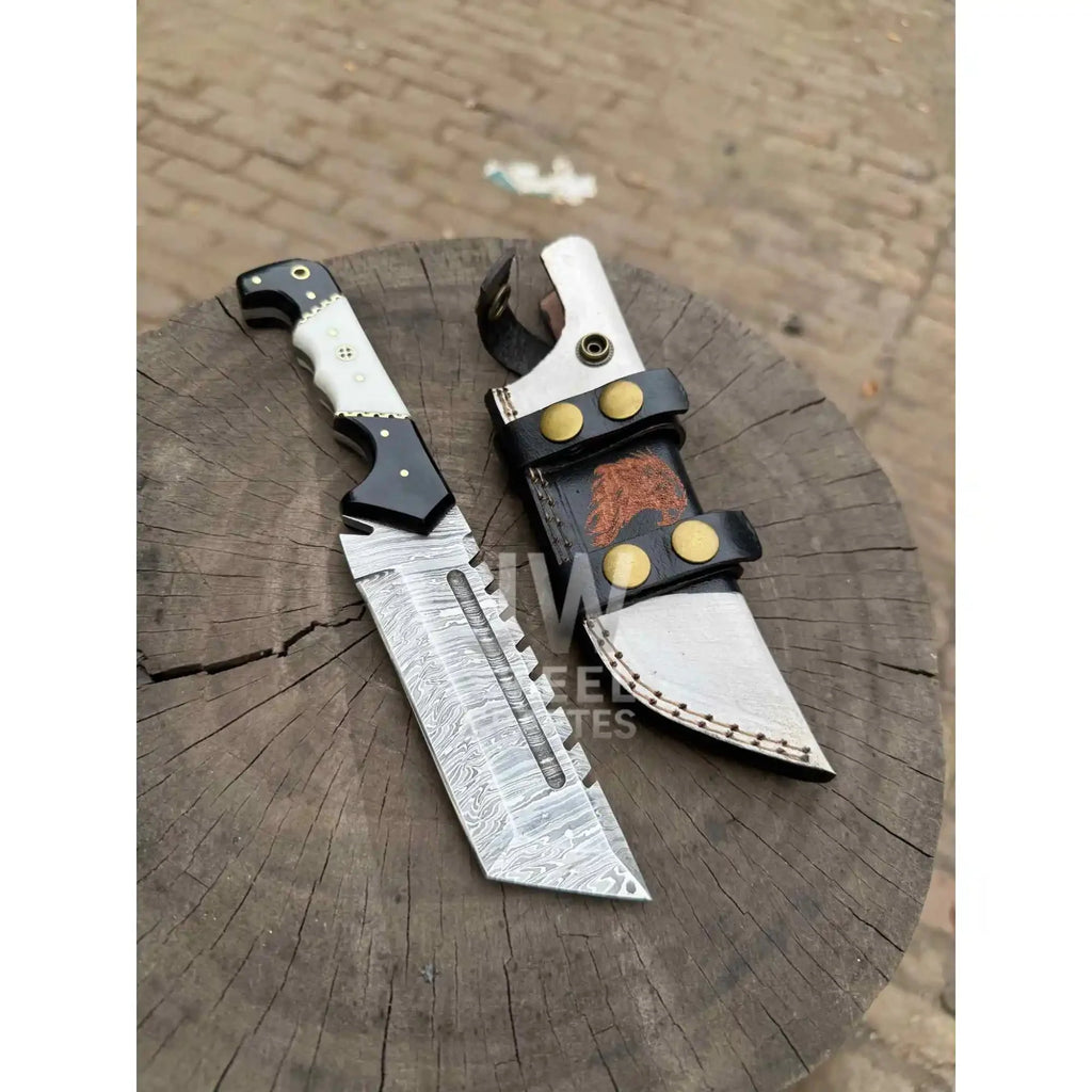 Handmade 10–11 Inch Damascus Tracker Outdoor Utility Knife – Black & White Resin Handle