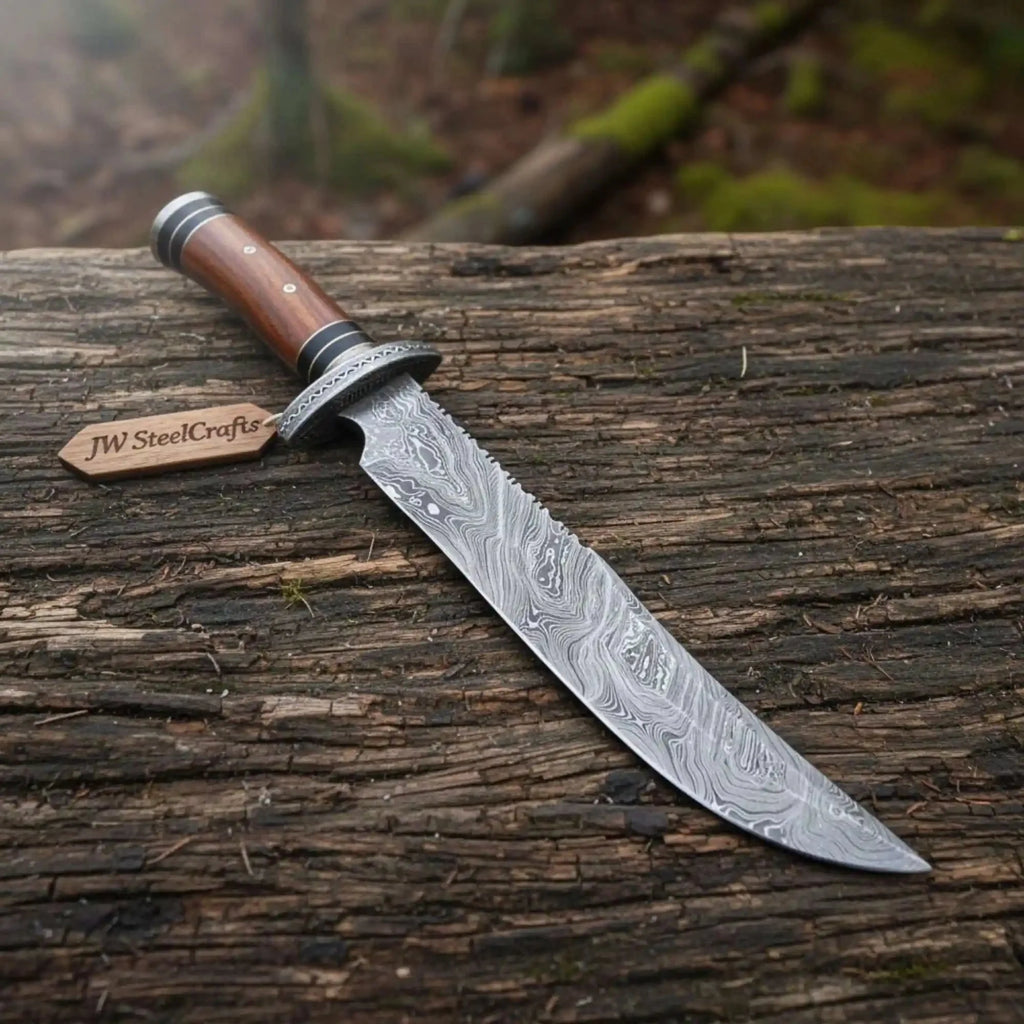 Handmade Clip Point Bowie Knife Damascus Steel Blade Custom Fixed Blade Knife JW SteelCrafts