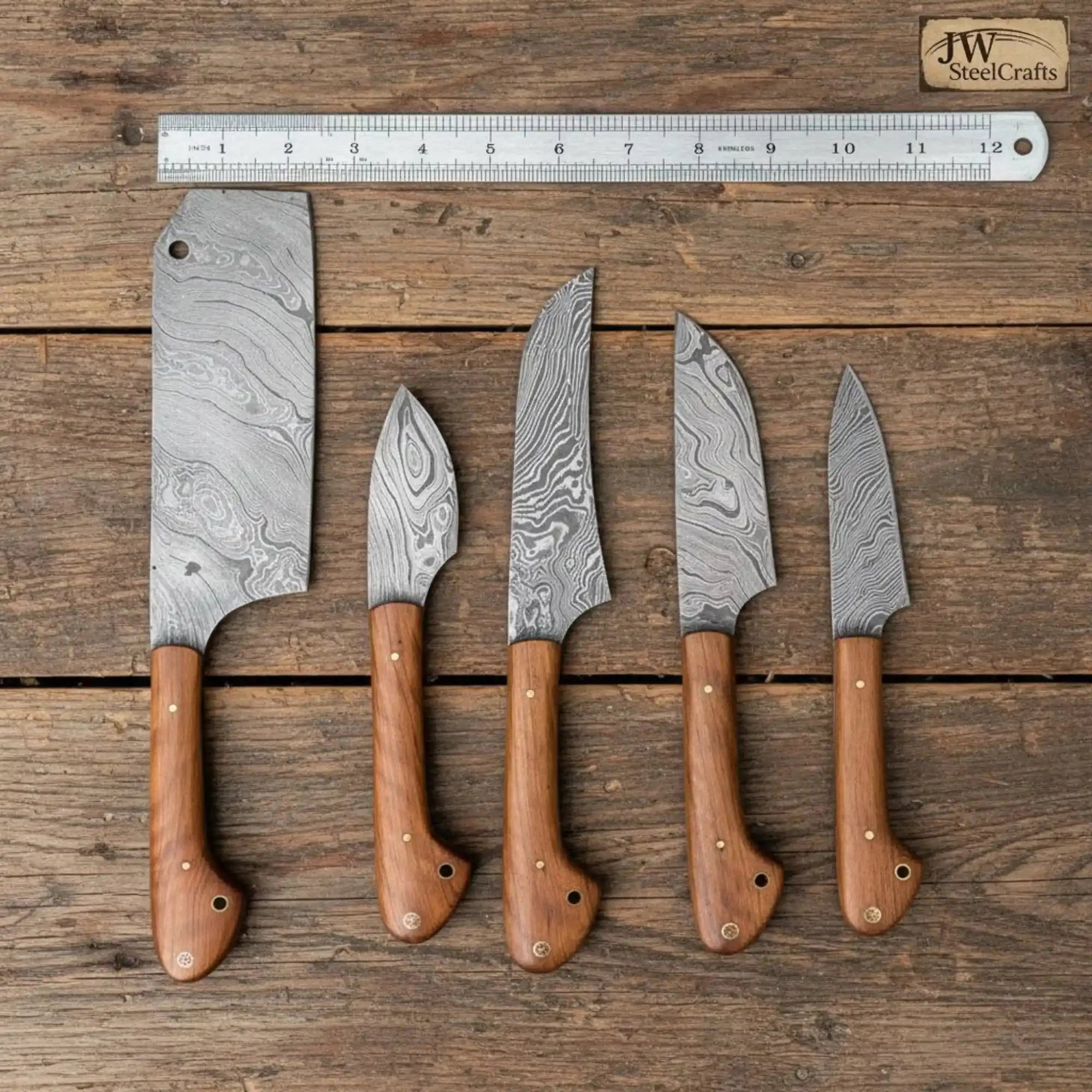 Hand-Forged Damascus 5-Pc Knife Set — Cleaver, Chef, Utility, Boning & Paring (Olive Wood Handles)