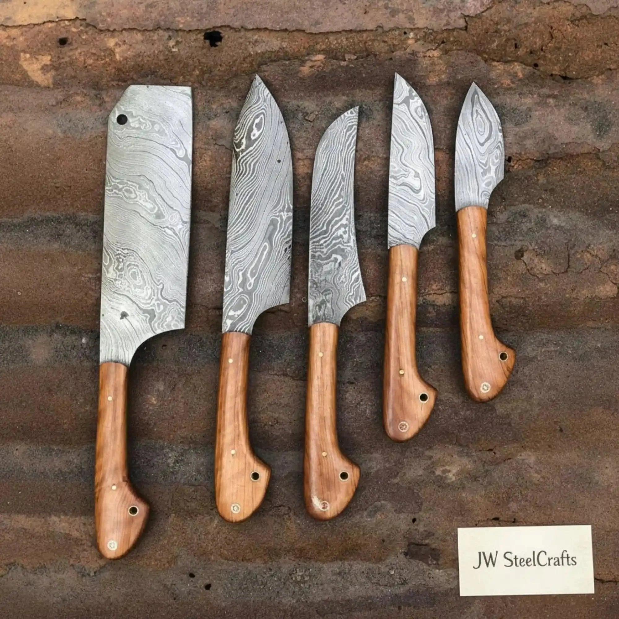 Hand-Forged Damascus 5-Pc Knife Set — Cleaver, Chef, Utility, Boning & Paring (Olive Wood Handles)