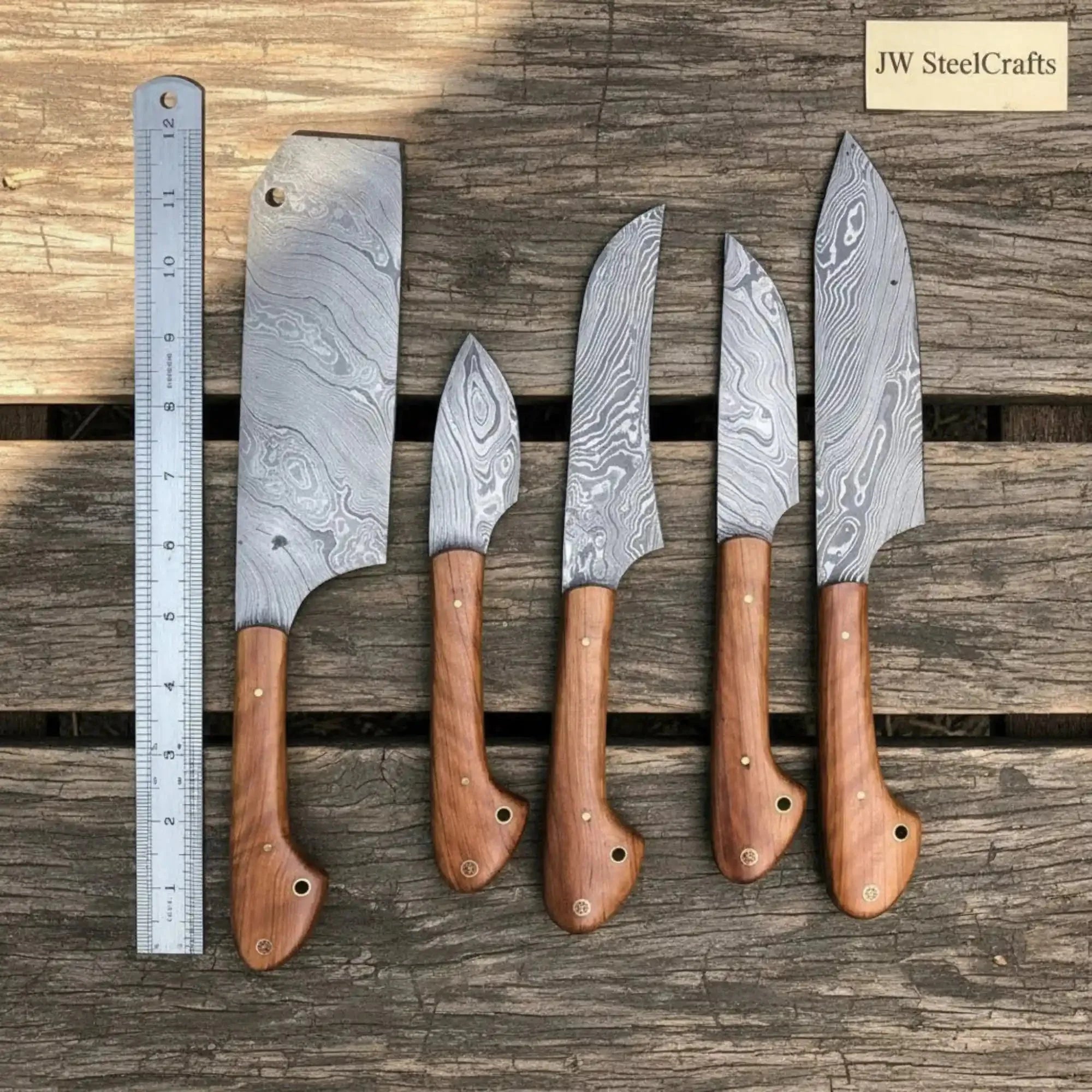 Hand-Forged Damascus 5-Pc Knife Set — Cleaver, Chef, Utility, Boning & Paring (Olive Wood Handles)