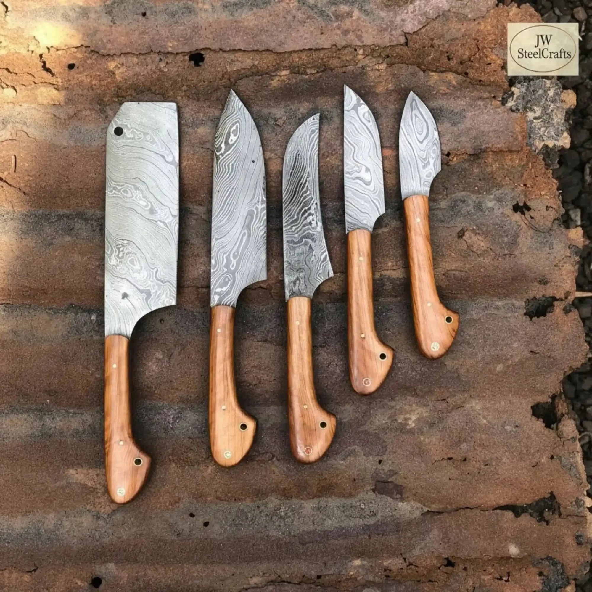 Hand-Forged Damascus 5-Pc Knife Set — Cleaver, Chef, Utility, Boning & Paring (Olive Wood Handles)