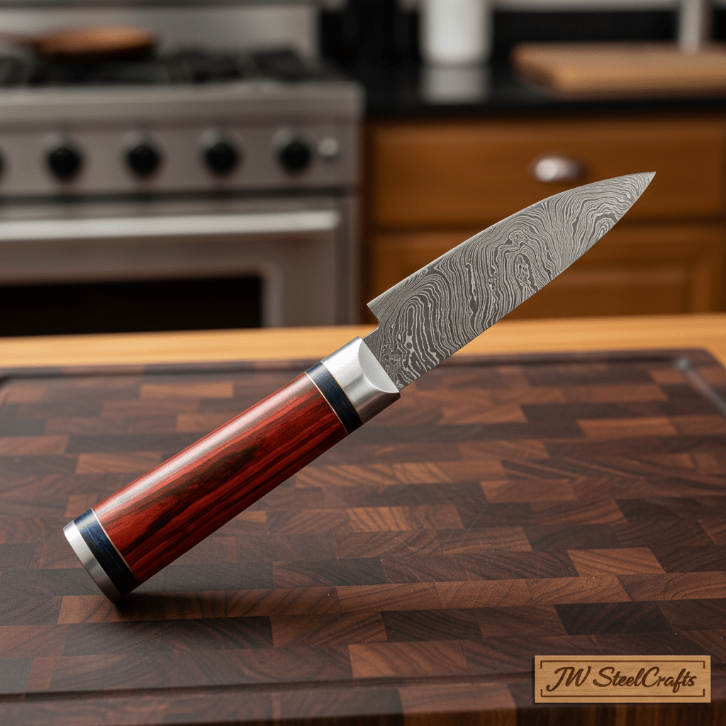 11" Handmade Damascus Chef Knife with Twisted Steel Blade & Red Pakka Wood Handle
