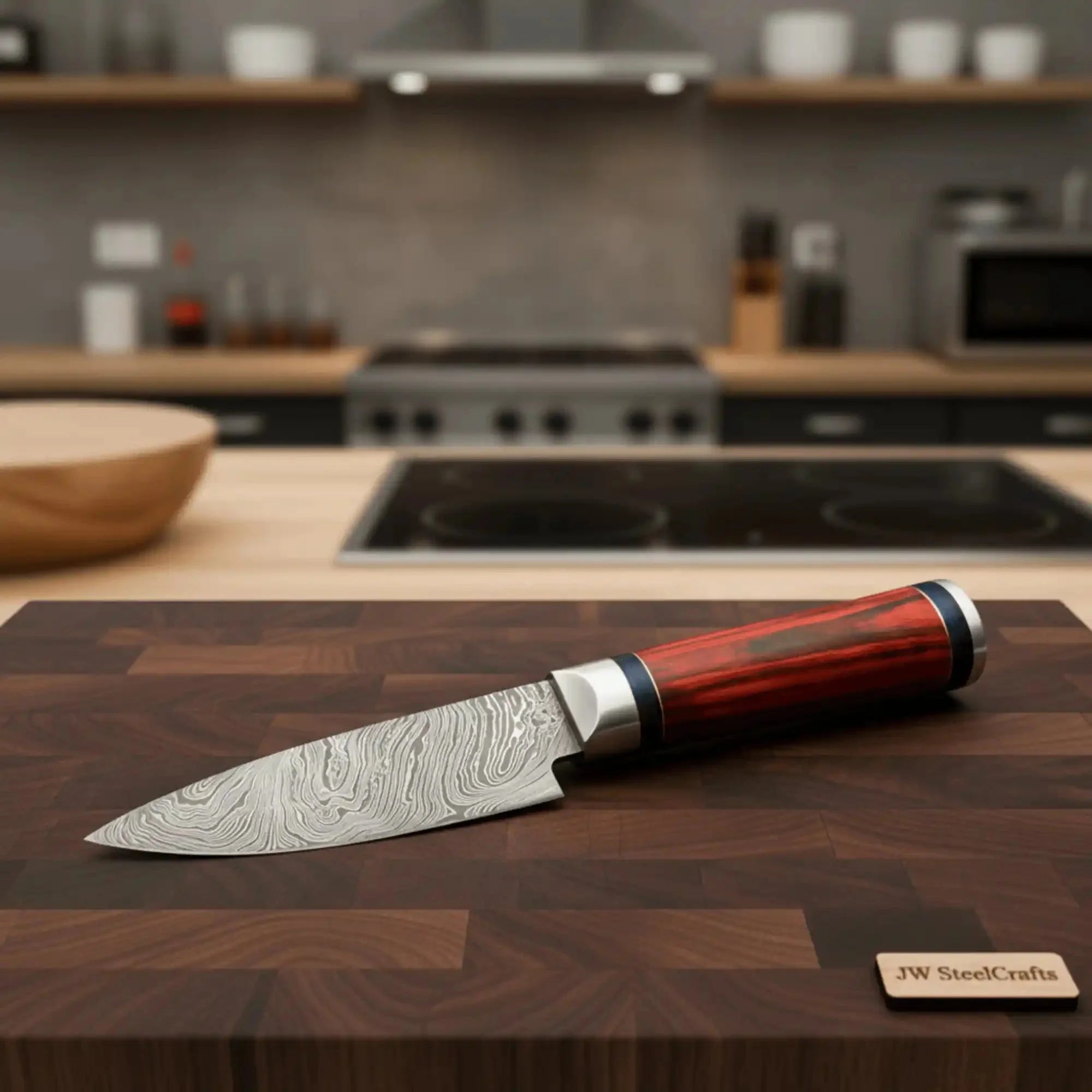 11" Handmade Damascus Chef Knife with Twisted Steel Blade & Red Pakka Wood Handle