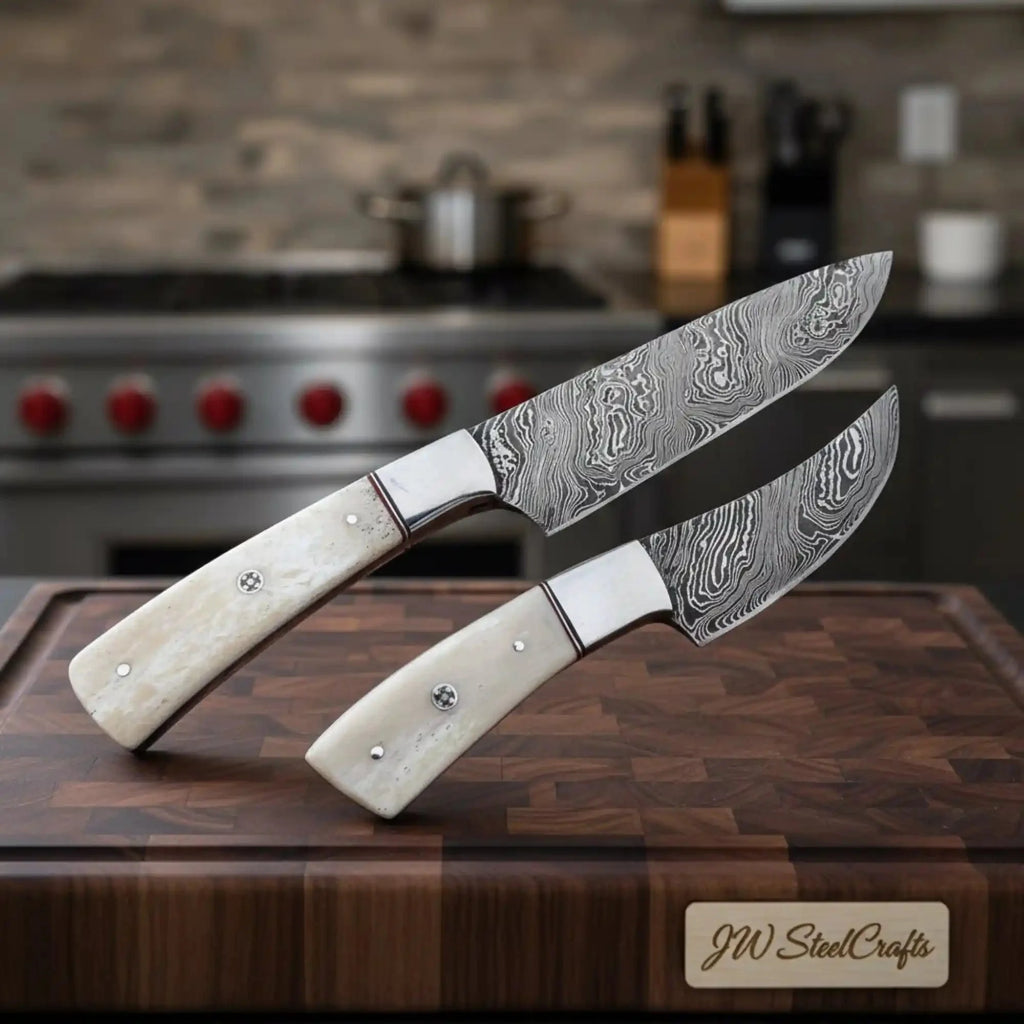 Handmade Damascus Chef Knife Set of 2, Full Tang Kitchen Knives, White Bone Handle with Steel Bolster, Culinary Cooking Knife Pair
