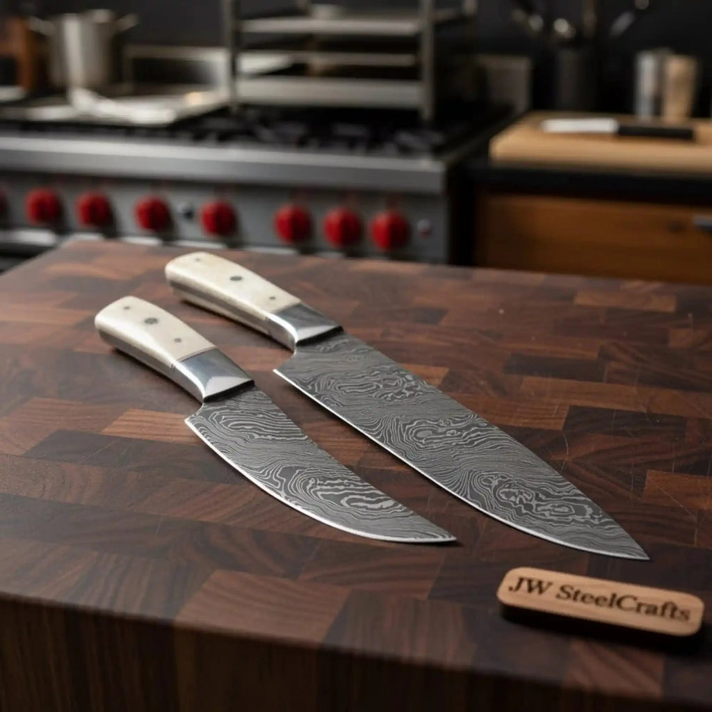 Handmade Damascus Chef Knife Set of 2, Full Tang Kitchen Knives, White Bone Handle with Steel Bolster, Culinary Cooking Knife Pair