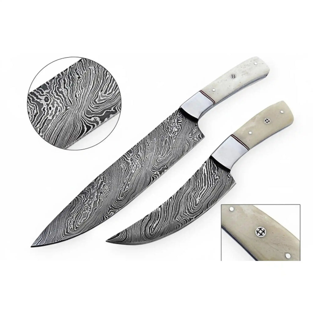 Handmade Damascus Chef Knife Set of 2, Full Tang Kitchen Knives, White Bone Handle with Steel Bolster, Culinary Cooking Knife Pair