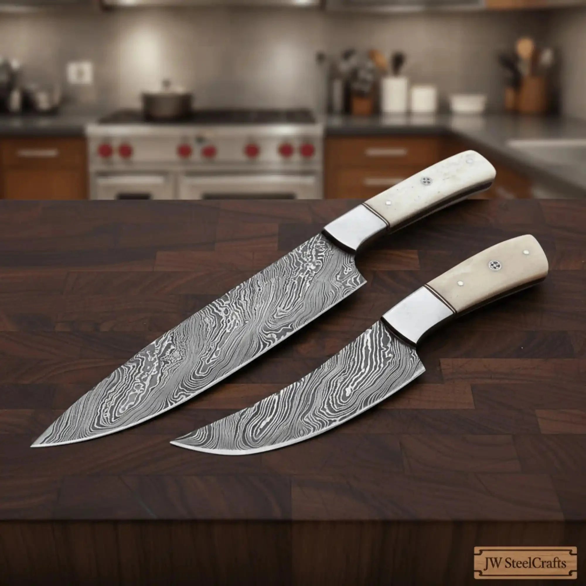 Handmade Damascus Chef Knife Set of 2, Full Tang Kitchen Knives, White Bone Handle with Steel Bolster, Culinary Cooking Knife Pair
