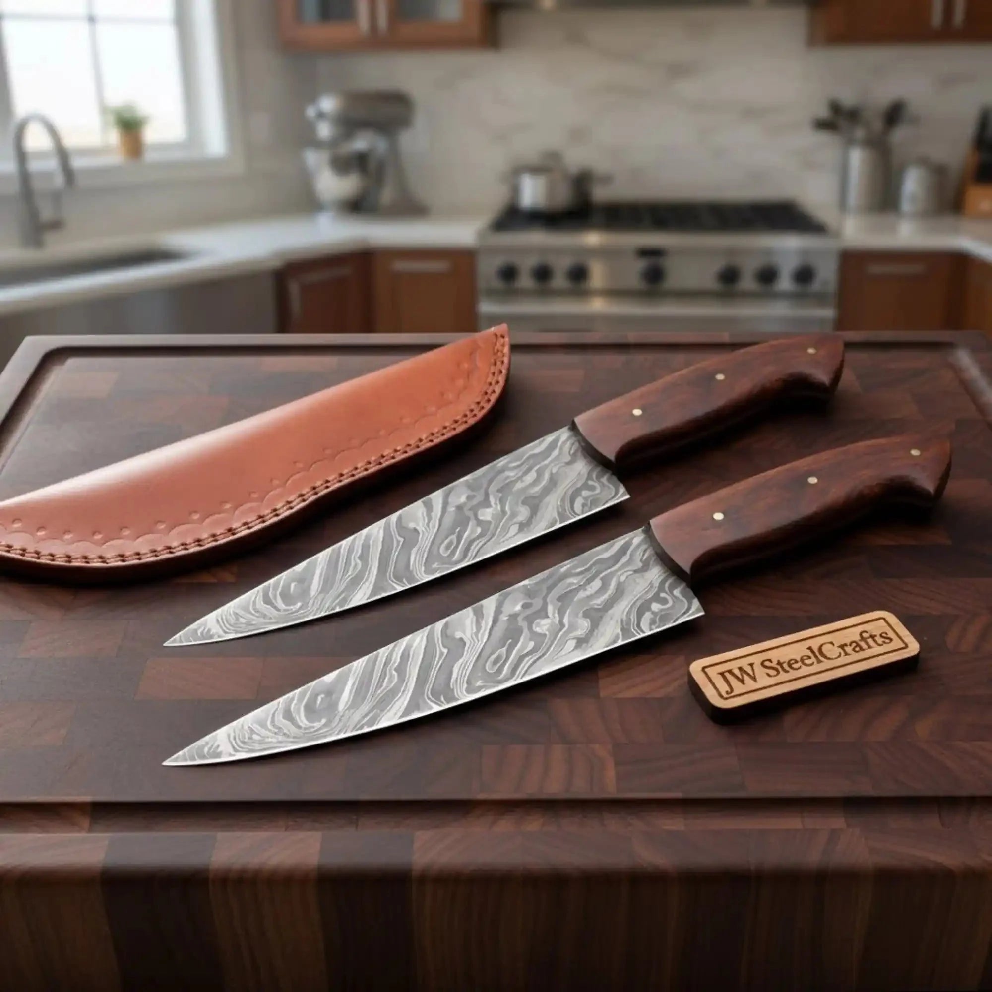 Hand-Forged Damascus Chef Knife Set of 2 with Rosewood Handles and Leather Sheaths