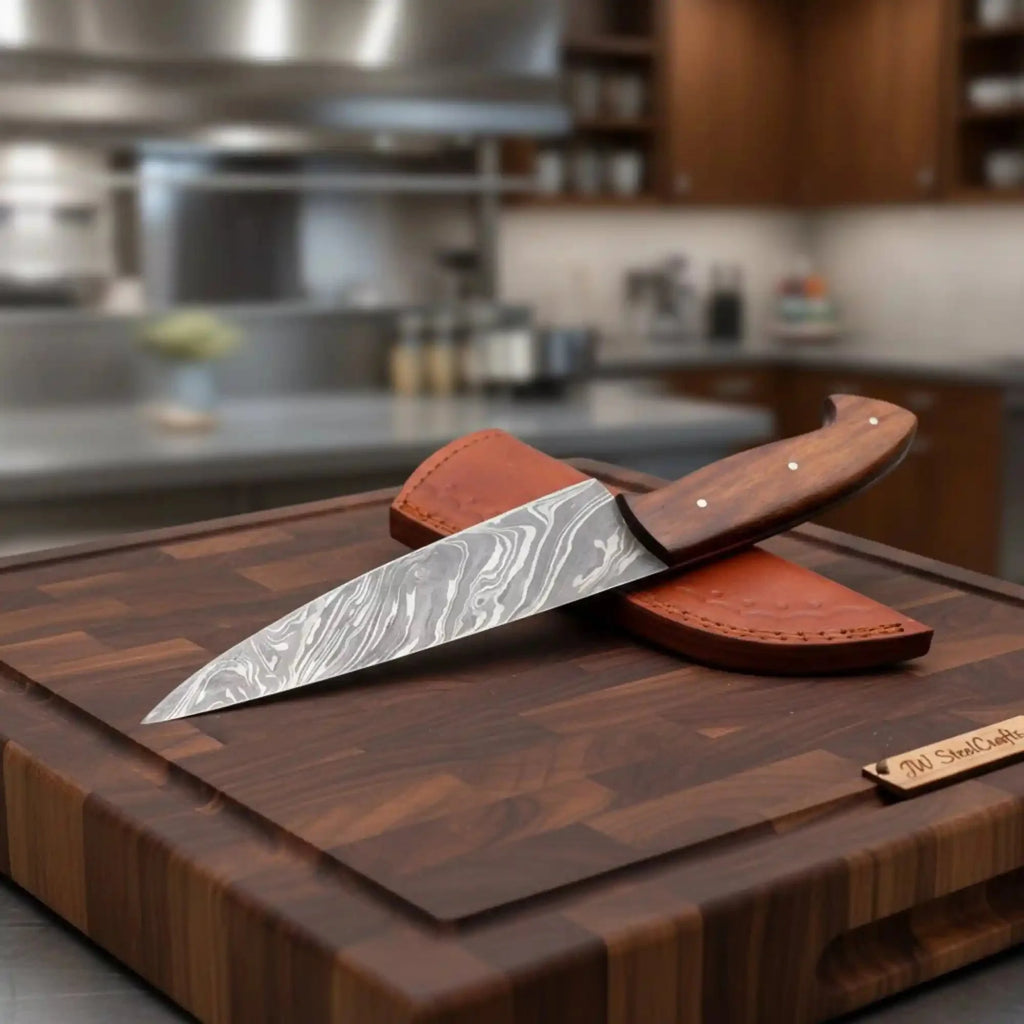 Hand-Forged Damascus Chef Knife Set of 2 with Rosewood Handles and Leather Sheaths