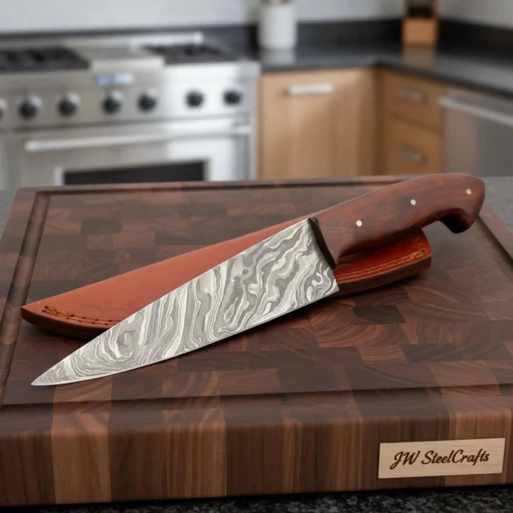 Hand-Forged Damascus Chef Knife Set of 2 with Rosewood Handles and Leather Sheaths