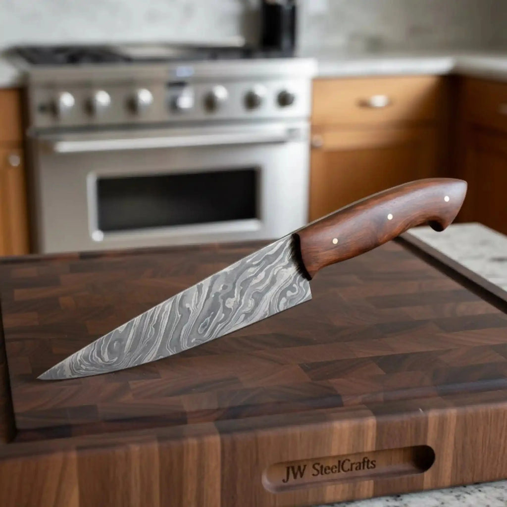 Hand-Forged Damascus Chef Knife Set of 2 with Rosewood Handles and Leather Sheaths