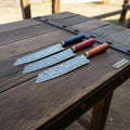 Handmade Damascus Chef Knife Set of 3, 9 Inch Twisted Pattern Damascus Steel Blades, Multi Pakka Wood Handles, 14 Inch Overall, Professional Kitchen Knife Set