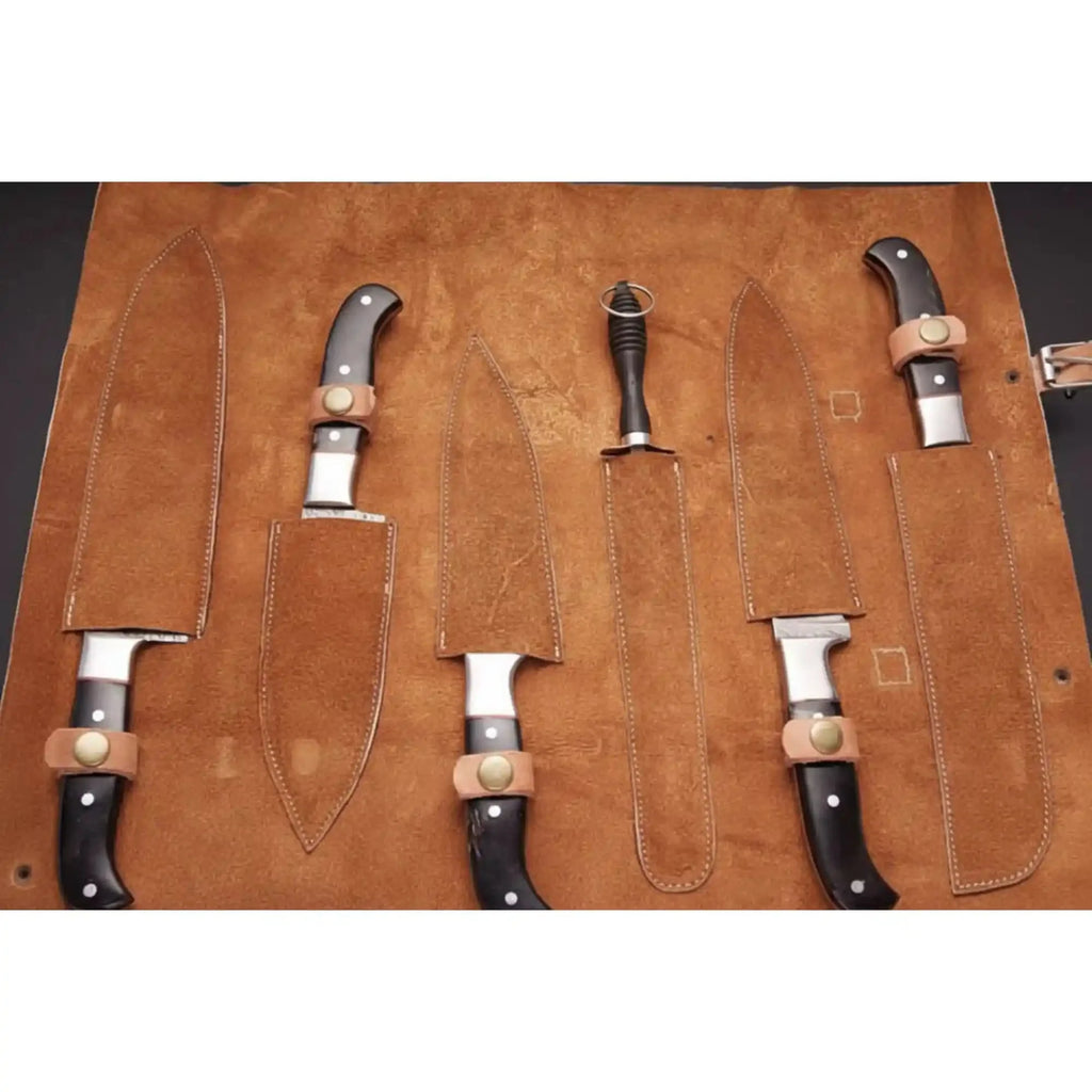 5-Piece Handmade Damascus Chef Knife Set, Full Tang Collection with Leather Roll and Sharpening Rod