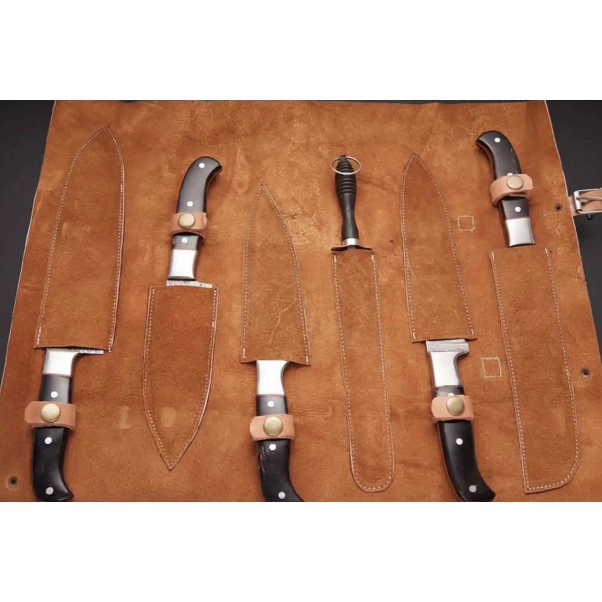 5-Piece Handmade Damascus Chef Knife Set, Full Tang Collection with Leather Roll and Sharpening Rod