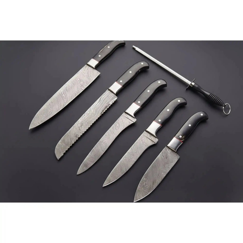 5-Piece Handmade Damascus Chef Knife Set, Full Tang Collection with Leather Roll and Sharpening Rod